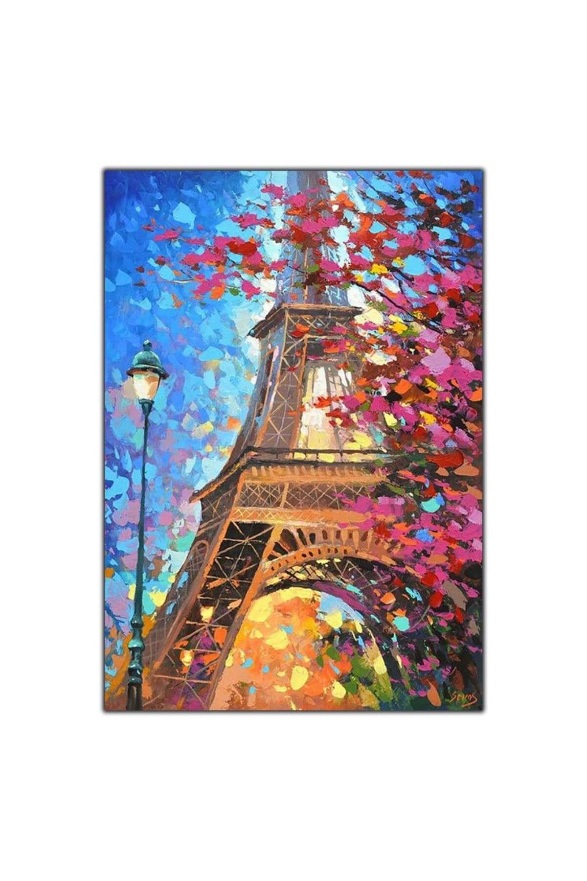 tablodekor PEMBE YAPRAKLI AĞACIN ARKASINDAKİ EIFFEL KULESİ YAĞLI BOYA DOKULU TABLO