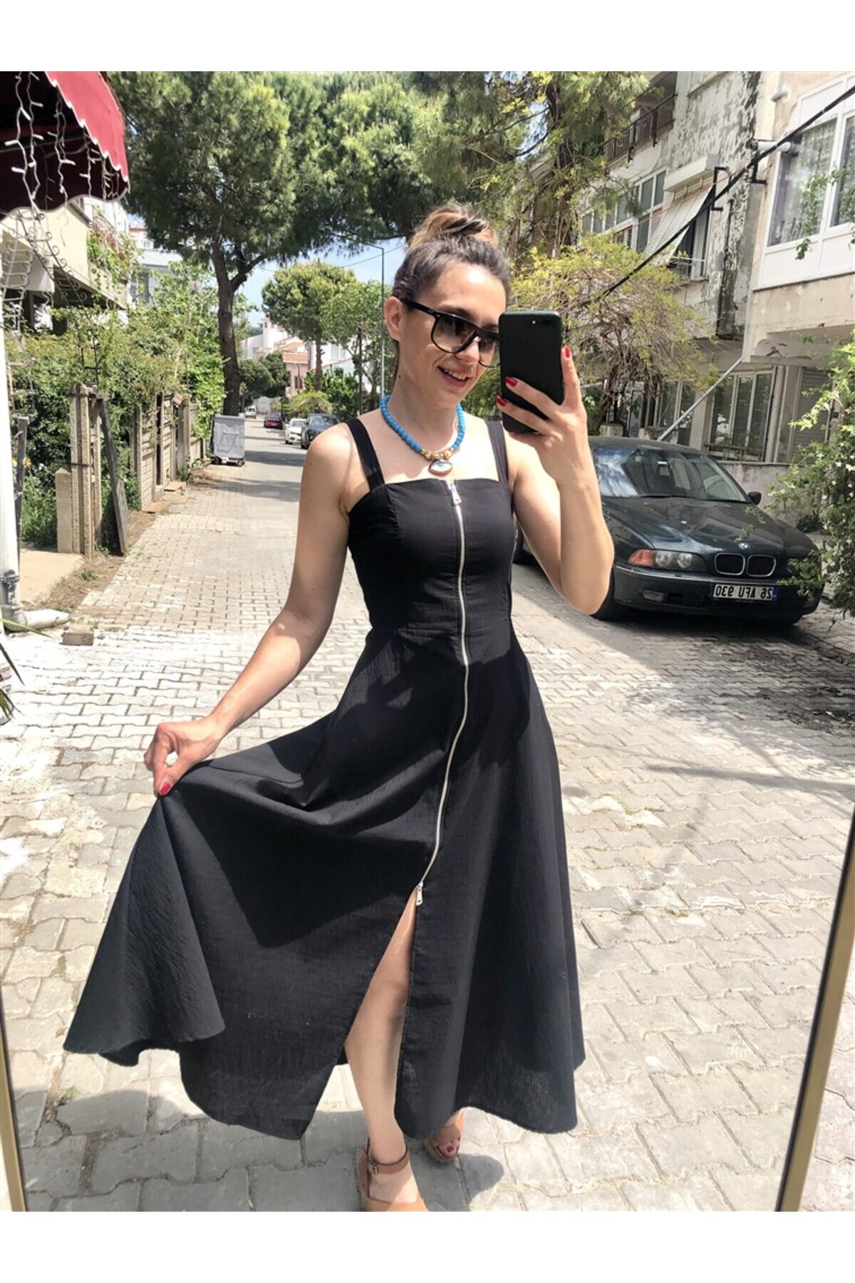 Gözde Tasarım Butik-WOMEN THICK STRAPS MIDI LENGTH DOUBLE SIDE ZIPPER PARACHUTE FABRIC DRESS 6