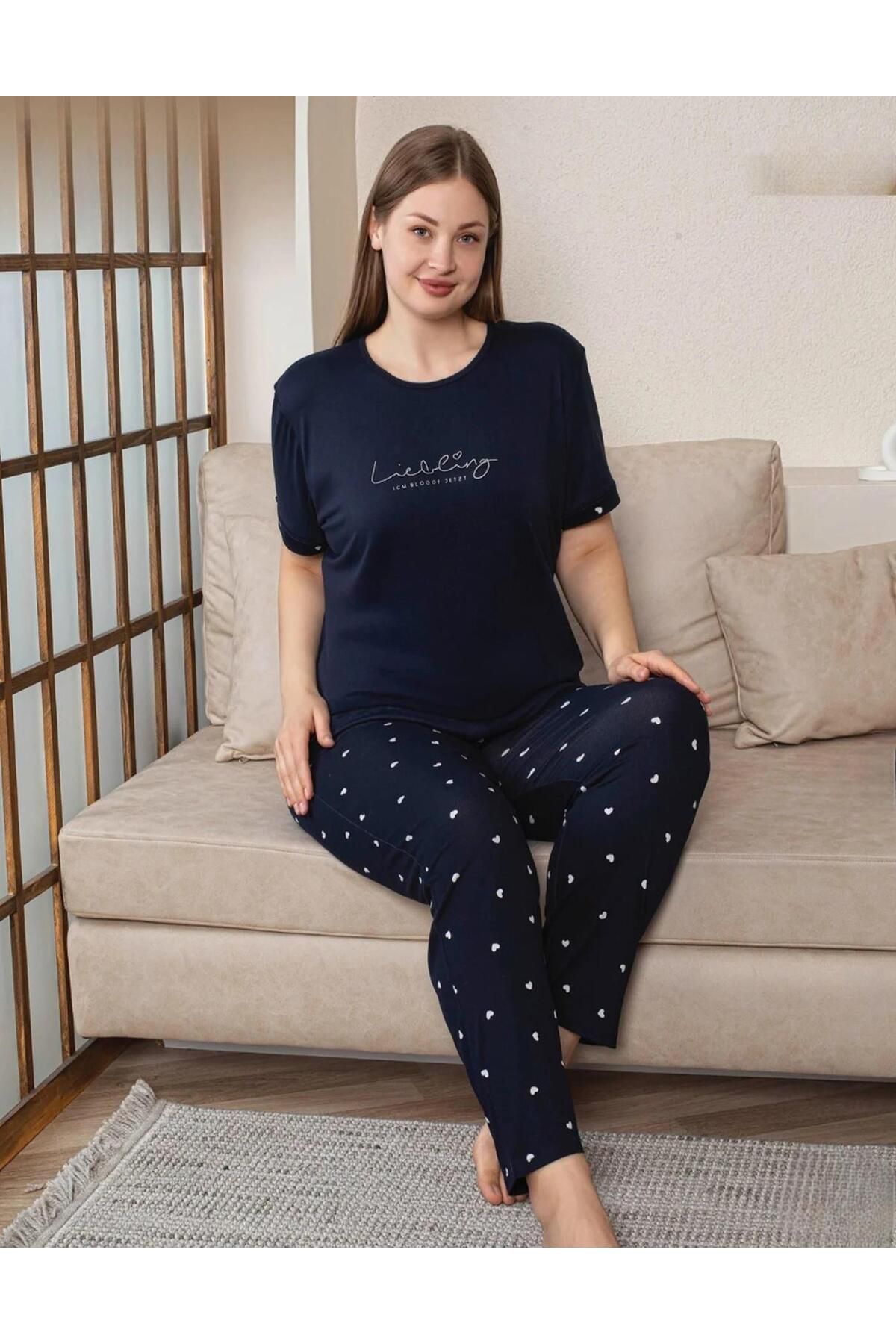 Pijamoni Kadın Milan Büyük Beden Bisiklet Yaka Kısa Kol İnce Pijama Takımı 7665/8- 1 Adet