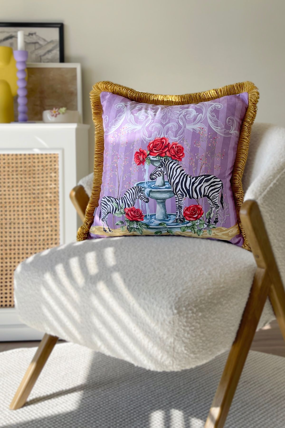 RİTMOHOME Zebra Desenli Püsküllü Vintage, Country, Iskandinav, Bohem 50x50 Dekoratif Yastık(İÇİ DOLGULU)