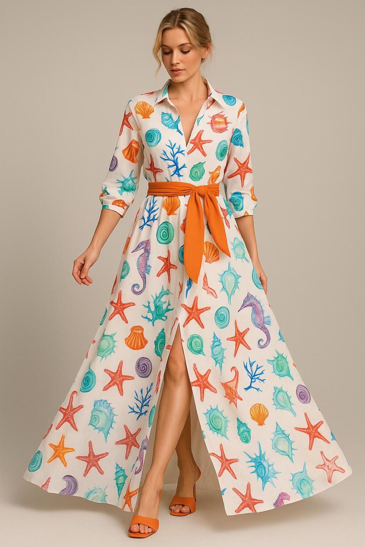 ROSELEAF DESIGN Turuncu Kuşaklı & Ocean Desenli Casual Gömlek Elbise