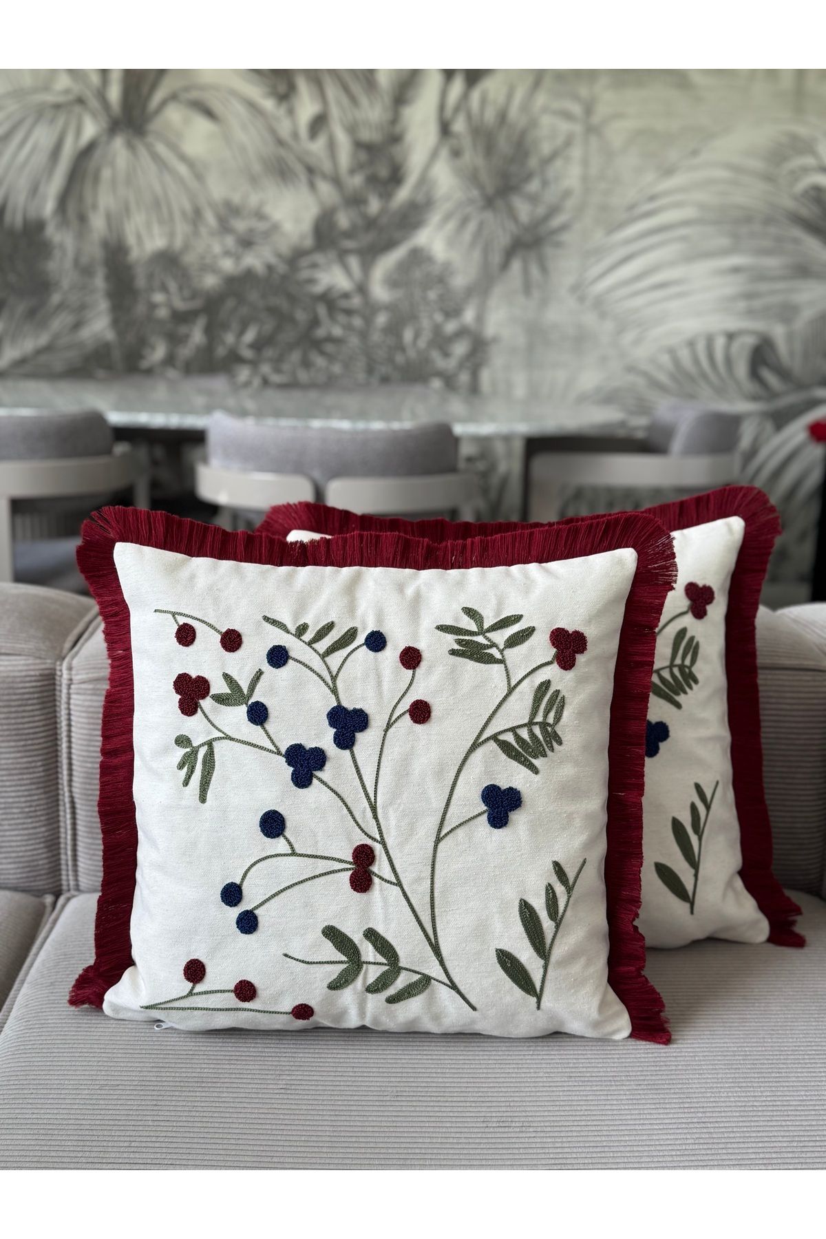 Skhome Üzüm Dalı Punch İşlemeli Saçaklı Kırlent Kılıfı 1 Adet 43x43cm(SPNC-10)