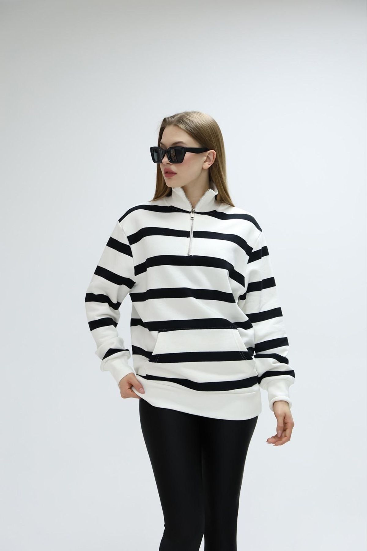 DREAMS Unisex Çizgili Oversize Polo Yaka Yarım Fermuarlı Sweatshirt