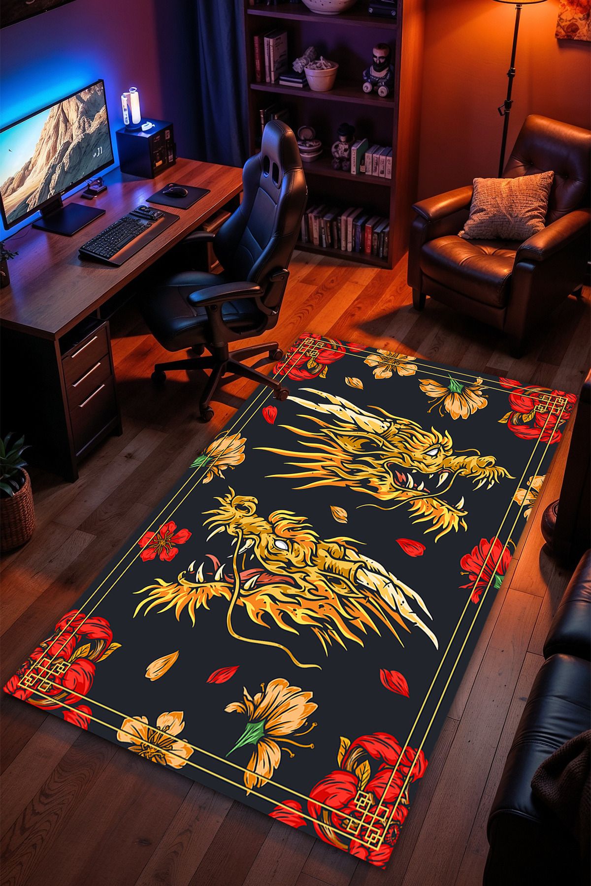 Charmbi Ejderha Desenli Kaymaz Taban Makinede Yıkanabilir Gaming Oyuncu Gamer Genç Odası Halısı