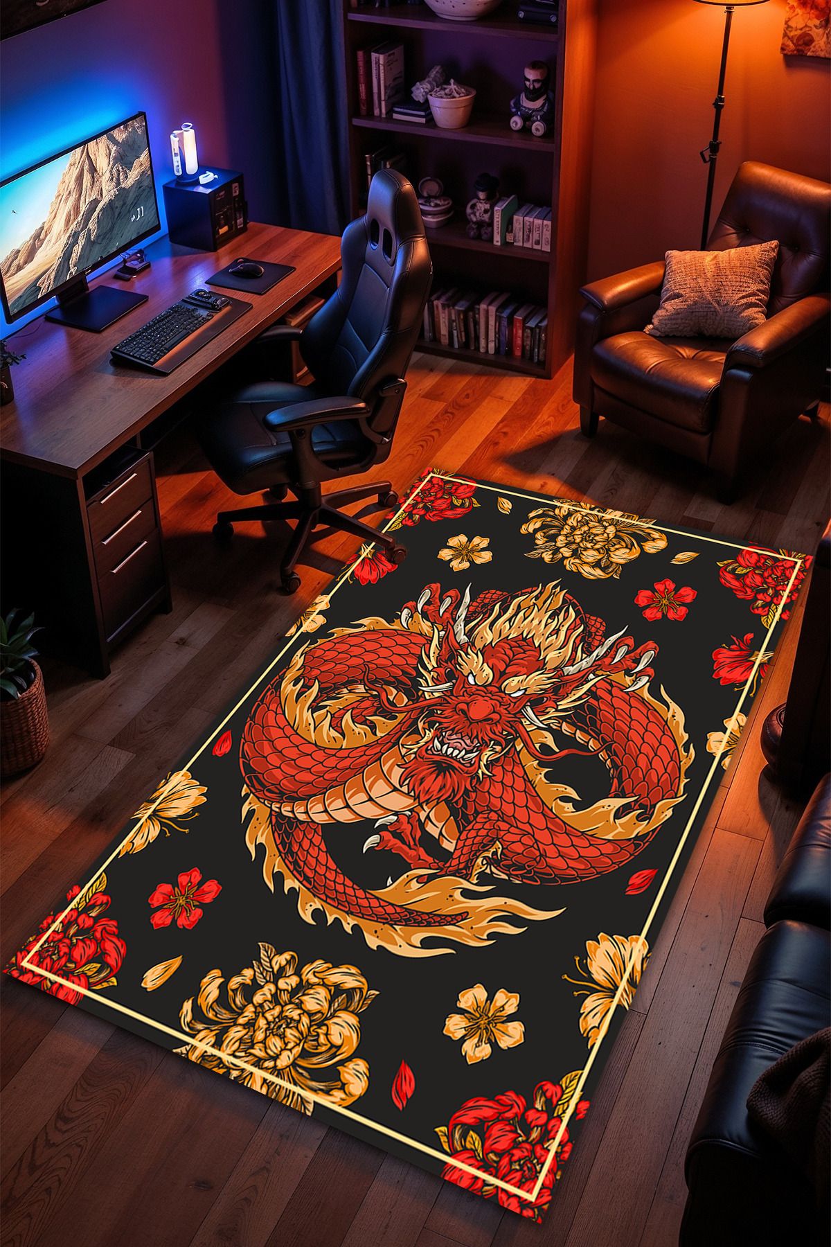 Charmbi Ejderha Desenli Kaymaz Taban Makinede Yıkanabilir Gaming Oyuncu Gamer Genç Odası Halısı