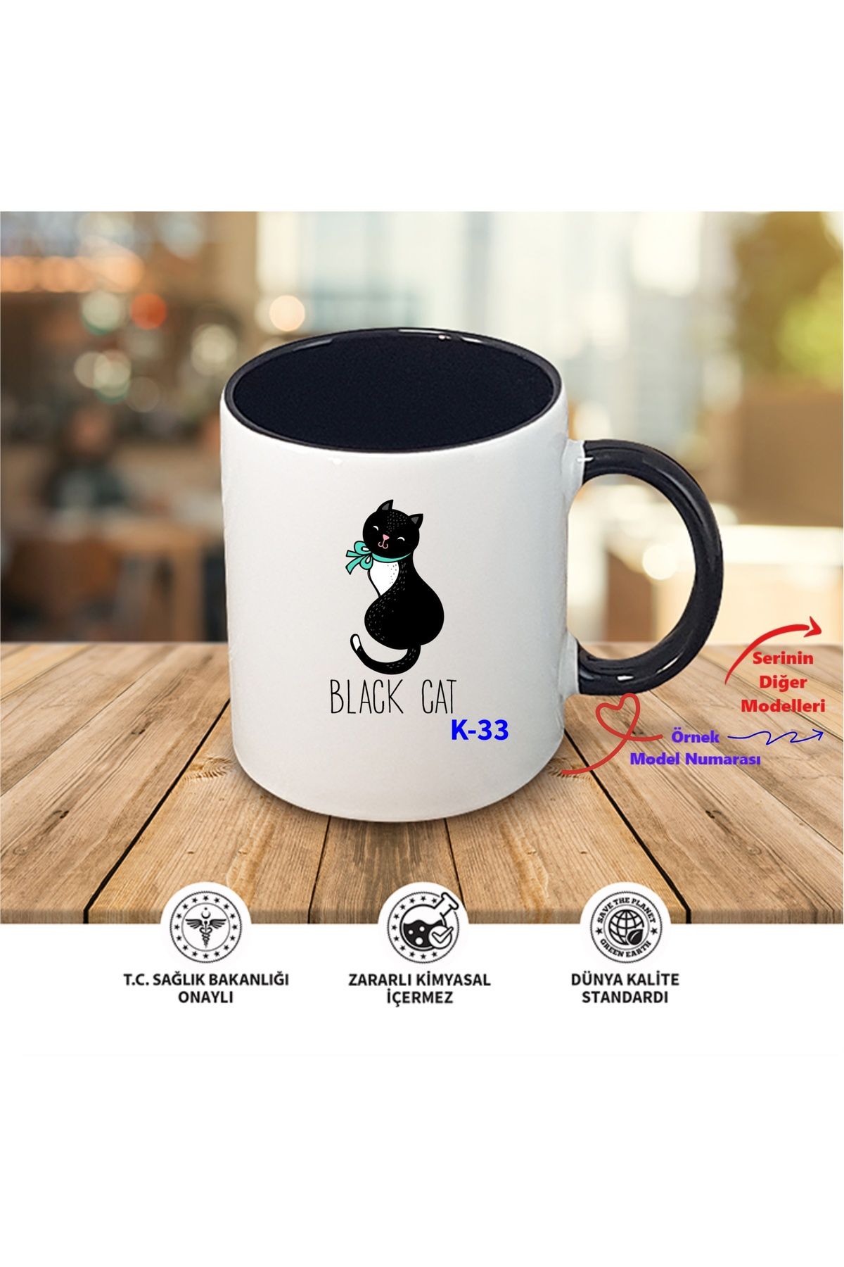 E-Hediyeci Siyah Kedili Siyah Kupa, İçi ve Kulp Siyah Hediyelik Kupa K Serisi (100 Model)