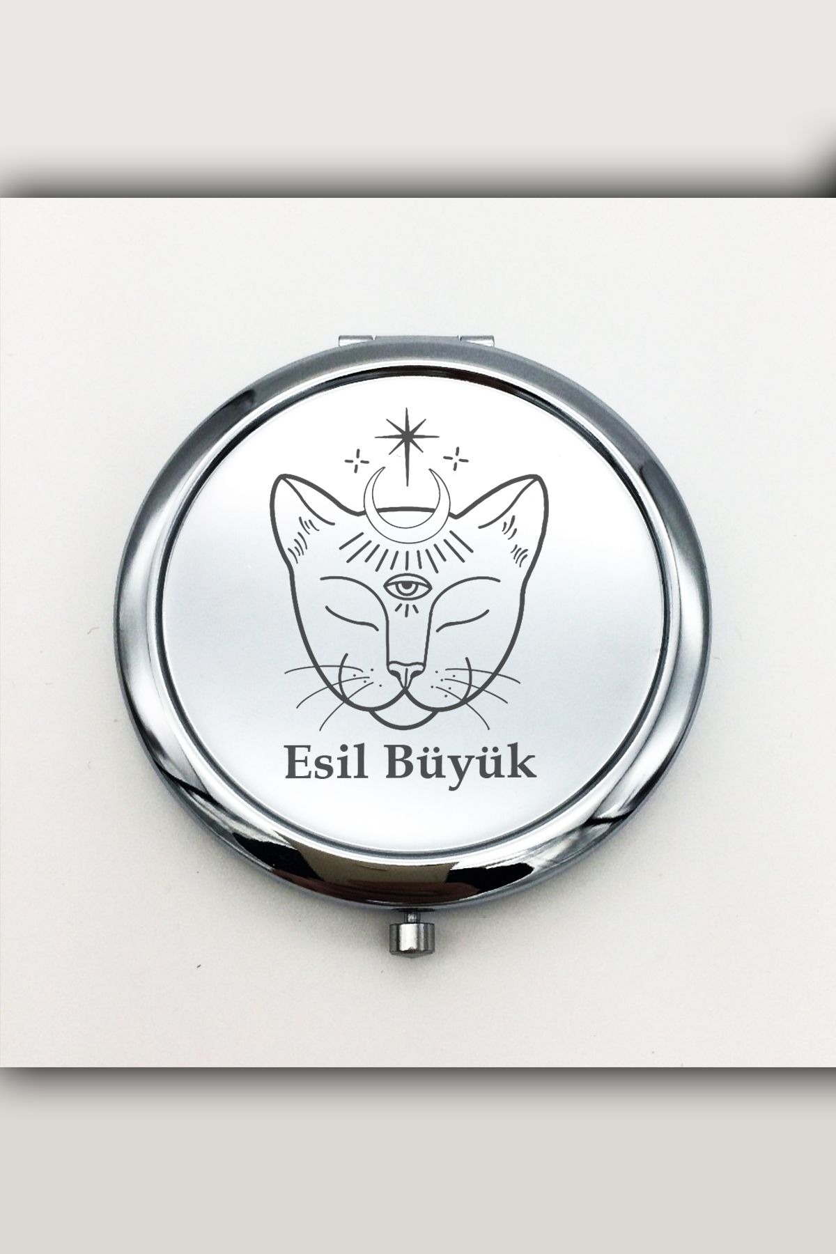 İŞTE BU Kişiye Özel İsimli Kedi Baskılı Daire Metal Ayna Çanta, Cep ve Makyaj Aynası