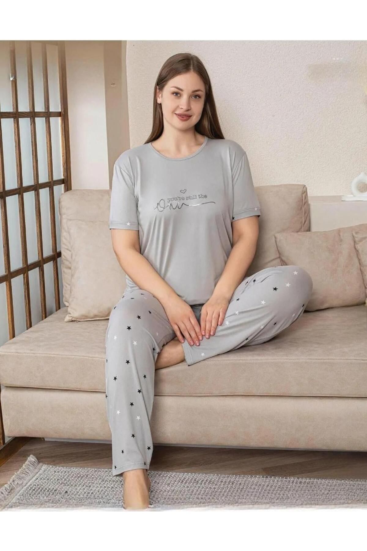 Pijamoni Kadın Milan Büyük Beden Bisiklet Yaka Kısa Kol İnce Pijama Takımı 7665/7- 1 Adet