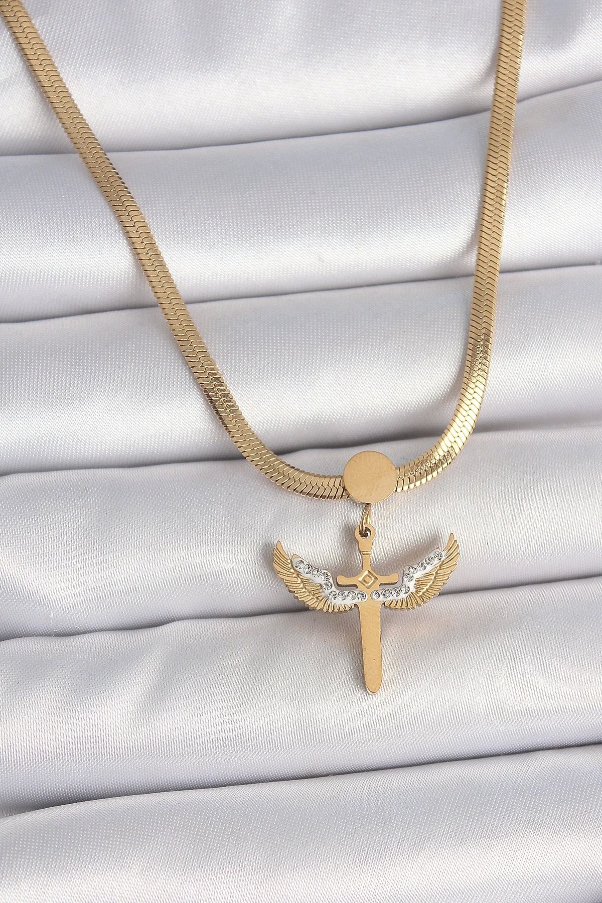 Clariss 316L Çelik Gold Renk İtalyan Zincir Zirkon Taş Detaylı Mikail Model Kadın Kolye