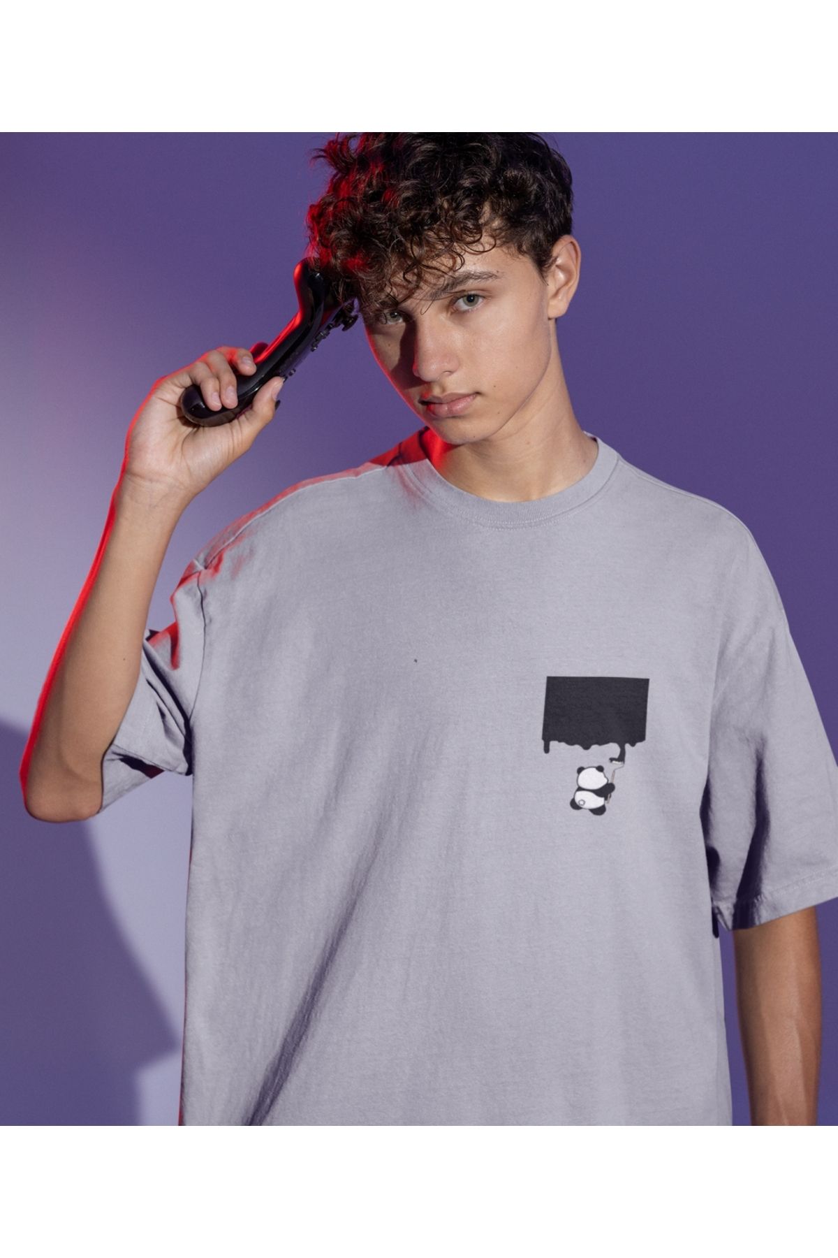 Terziligiyin Drip Panda Baskılı Oversize Erkek Tişört