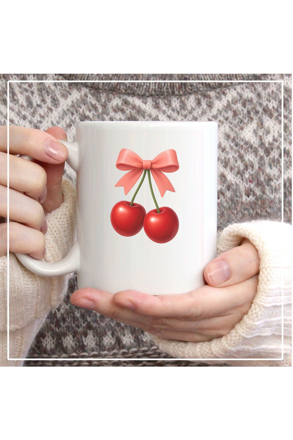 Er-Se Tasarım Cherry Kupa Bardak, Kiraz Sapı Desenli Kupa Bardak, Cherry Mug, Arkadaşa Hediye Kupa Bardak,