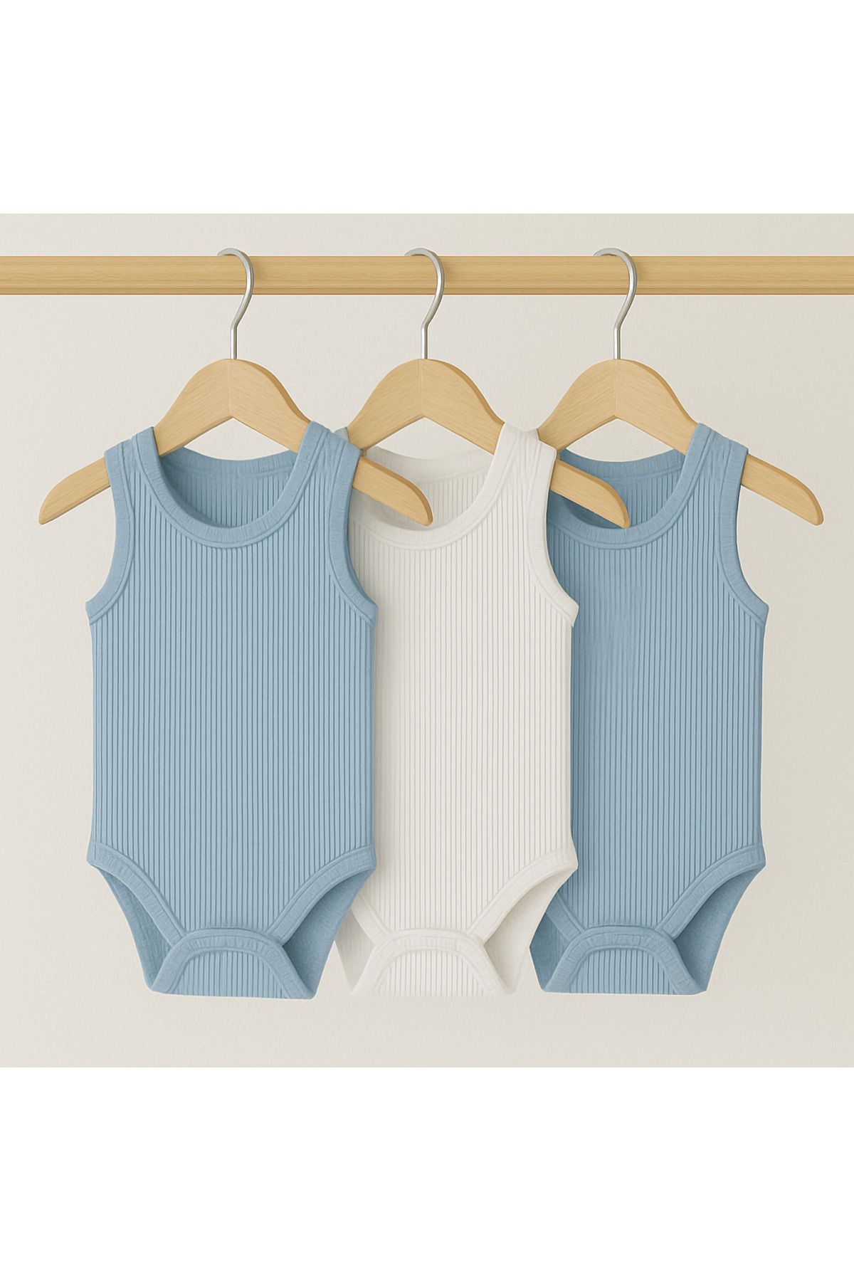 HEPSİ BEBEK 3’lü Askılı Bebek Zıbın Seti- Zıbın Atlet- Badi- Body - 2 Mavi 1 Beyaz - %100 Organik Pamuk Ribana
