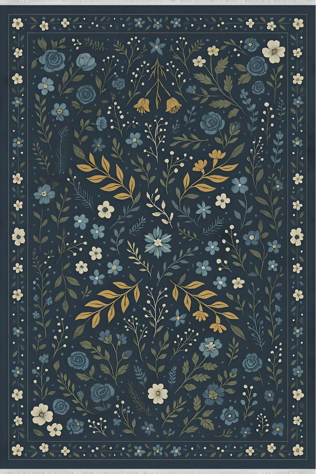 TNYLOF Lacivert Çiçek Desenli Halı – Modern Vintage Tarz | Kaymaz, Yıkanabilir, Evcil & Bebek Dostu