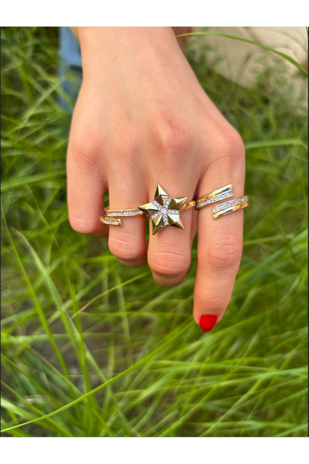 Aurella Accessories 3'lü Ayarlanabilir Sarmal Yıldız Yüzük Seti