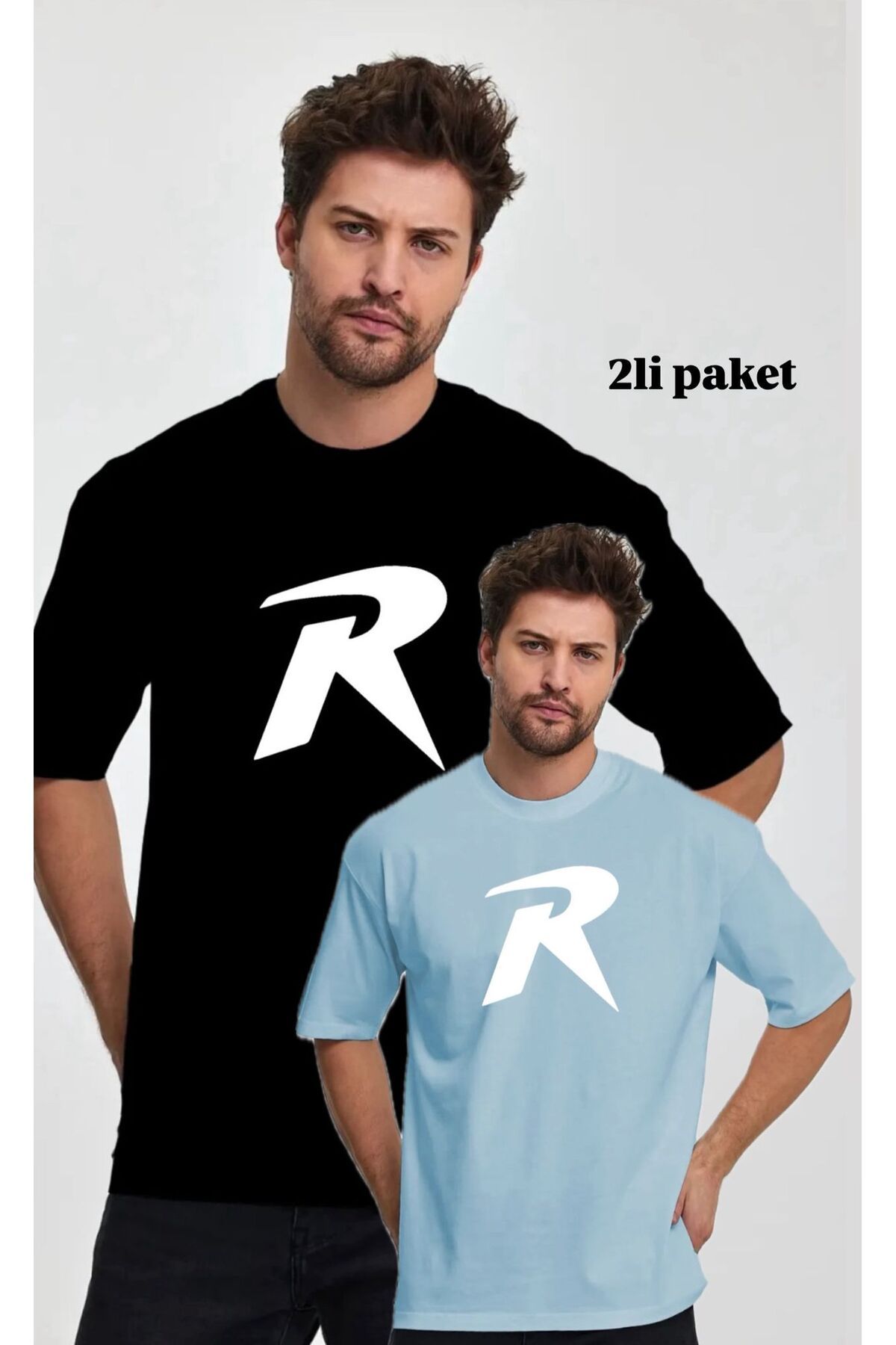 woonkey UNISEX OVERSİZE R BASKILI BİSİKLET YAKA RAHAT KALIP 2 ADET T-SHIRT AVANTAJLI PAKET