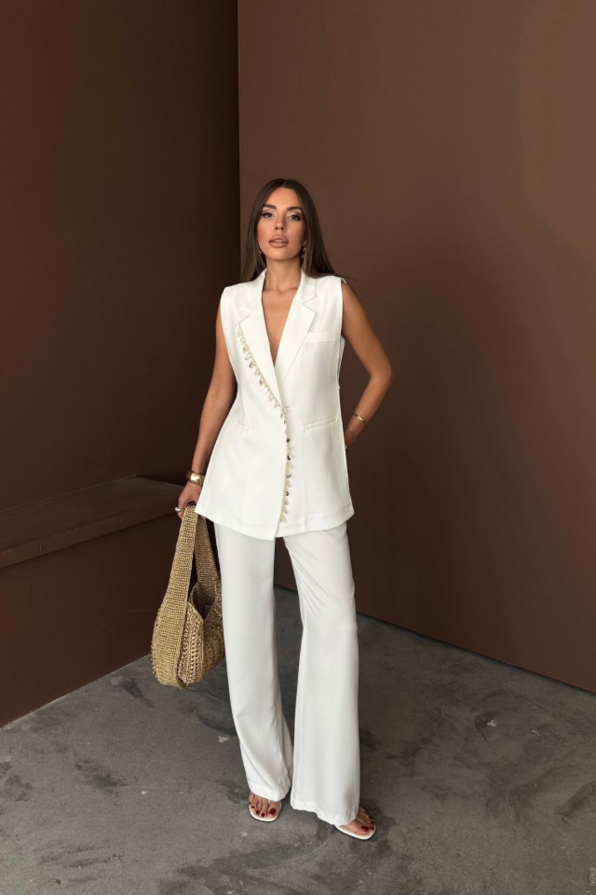 velmorafashion YAKA MİDYE KABUĞU SIRALI YELEK - PANTOLON TAKIM KETEN KUMAŞ - Beyaz