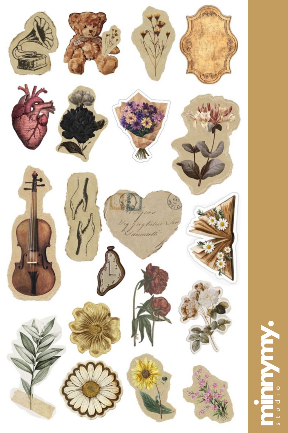 Minnymy Vintage Flower Collection Sticker, Çıkartma, Ajanda, Günlük, Planlayıcı, Bullet Journal , Scrapbook