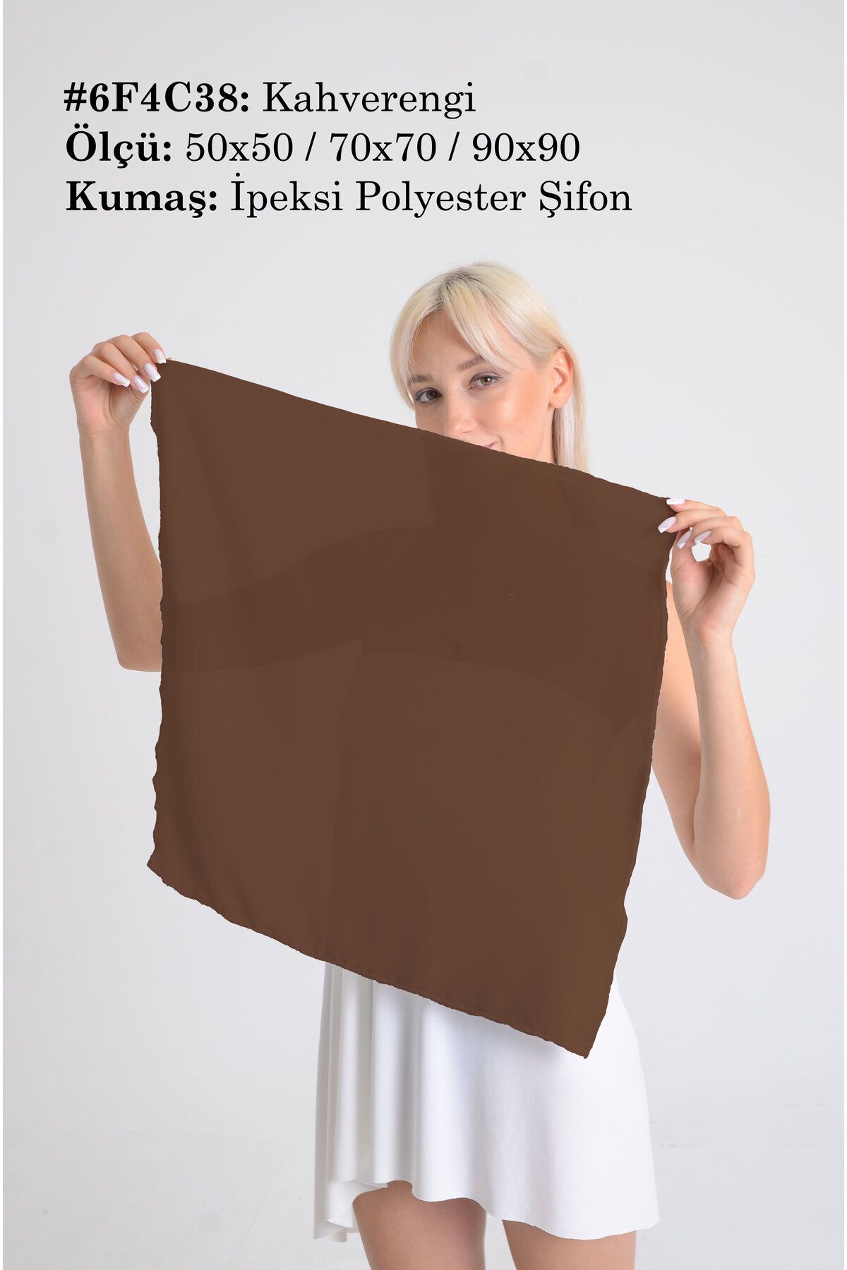 DESENİX Kahverengi İpeksi Şifon Fular - Şal, Eşarp, Boyunluk - 50x50, 70x70, 90x90 cm