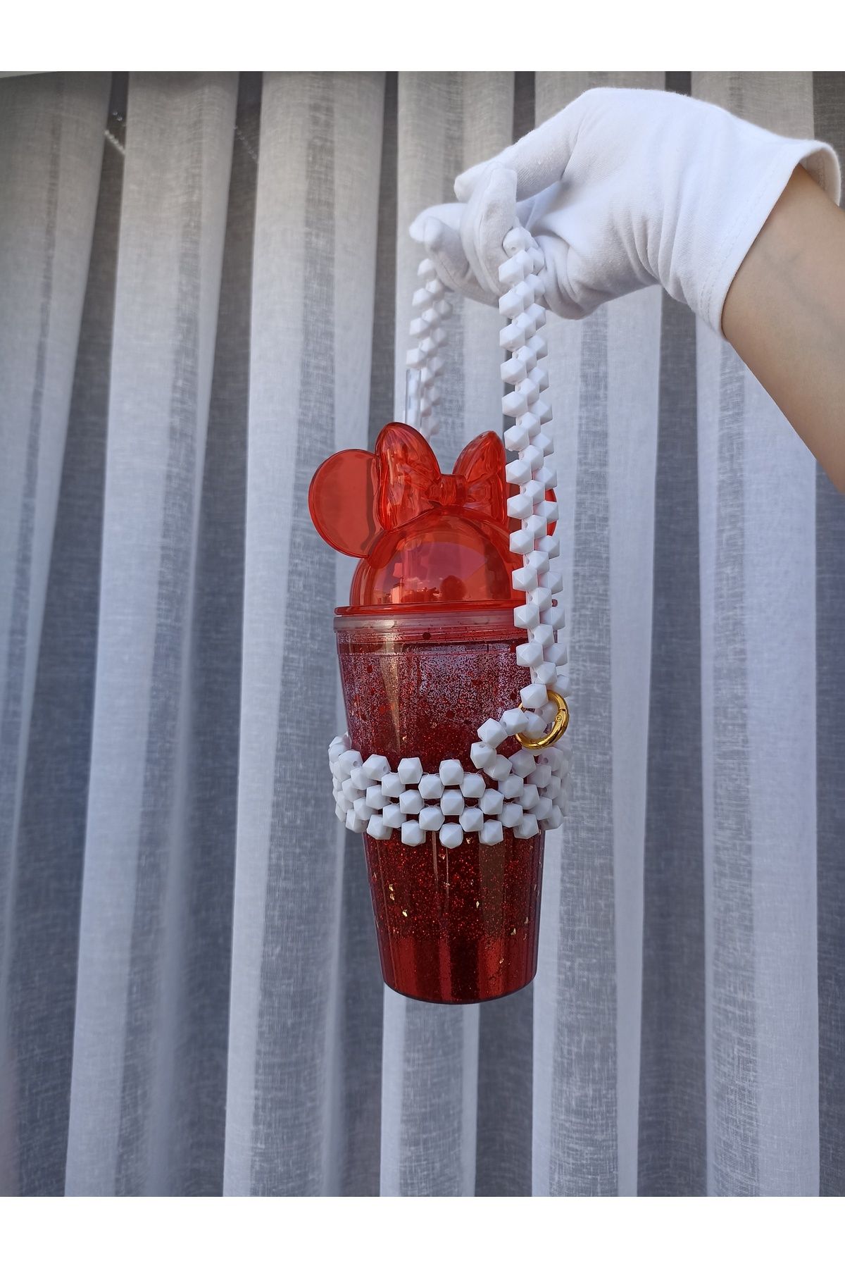 ida design store kırmızı içi simli su dolgulu çift katmanlı soğuk içecek bardağı ve el yapımı cup holder