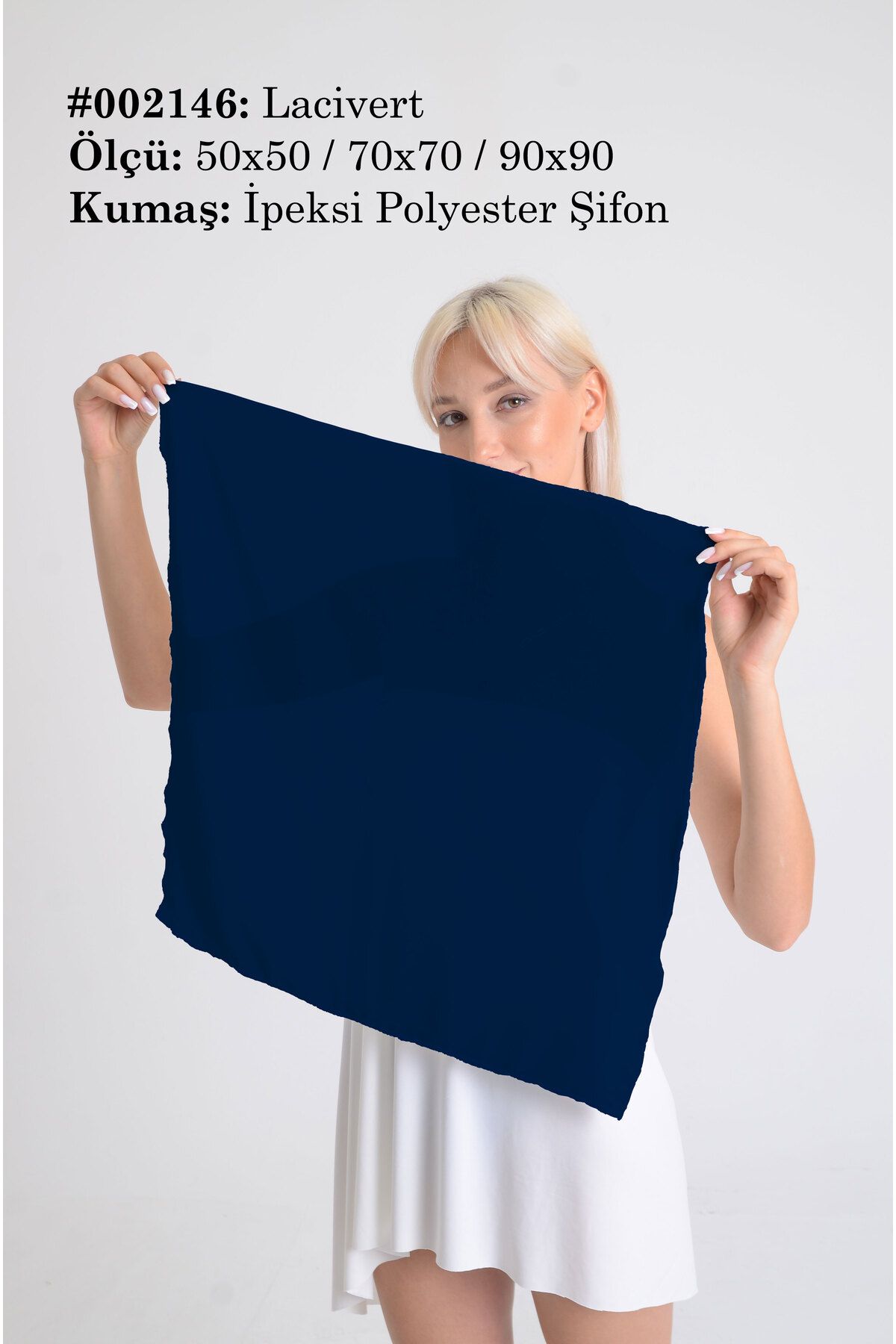 DESENİX Lacivert Renkli İpeksi Şifon Fular - Şal, Eşarp, Boyunluk - 50x50, 70x70, 90x90 cm