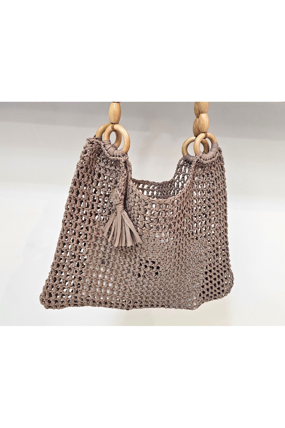 Kotans Kahverengi Kağıt İp Örgü El Çantası - Tahta Boncuk Saplı 35 cm x 32 cm