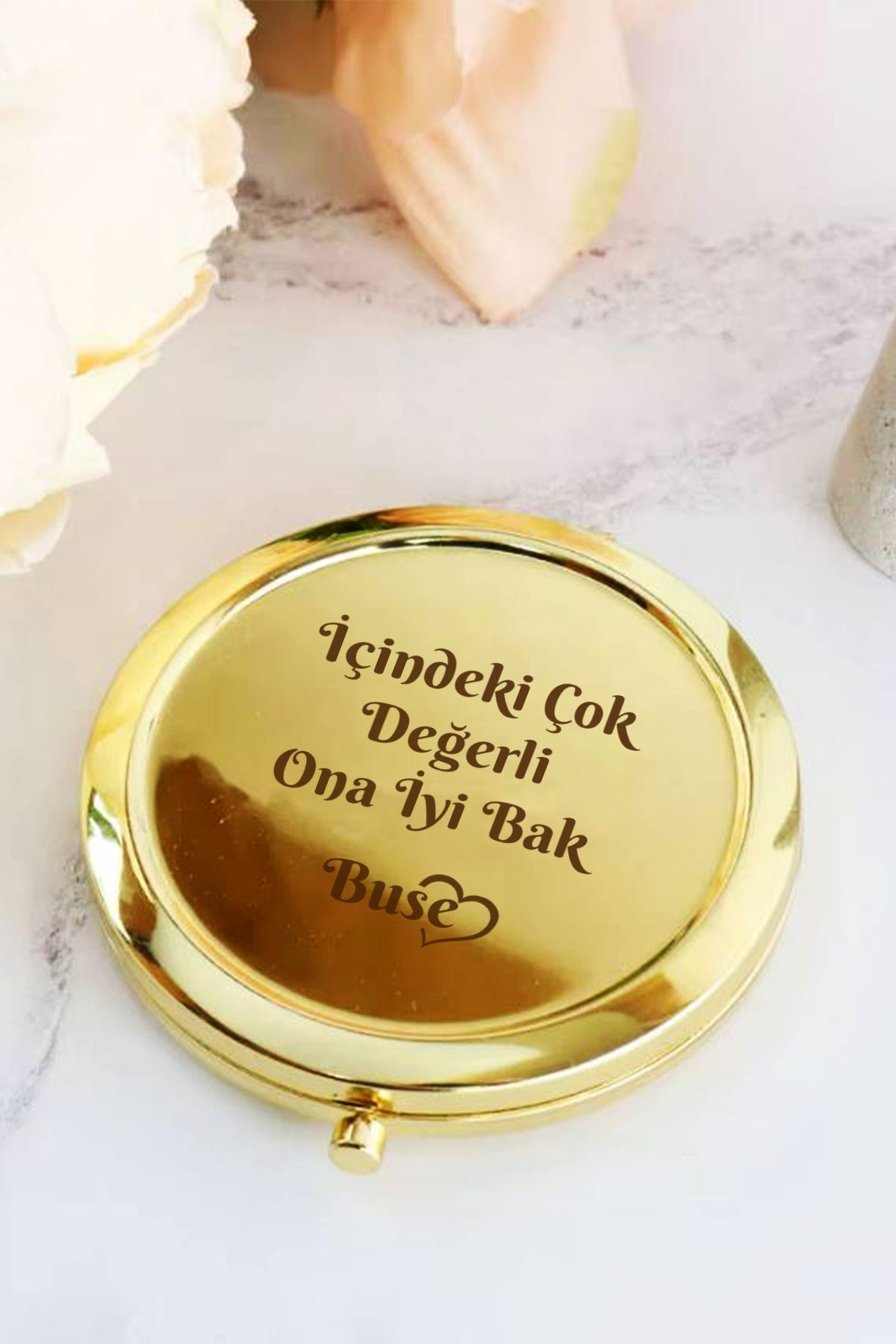 İŞTE BU Kişiye Özel İsimli Söz Baskılı Daire Metal Ayna Çanta, Cep ve Makyaj Aynası