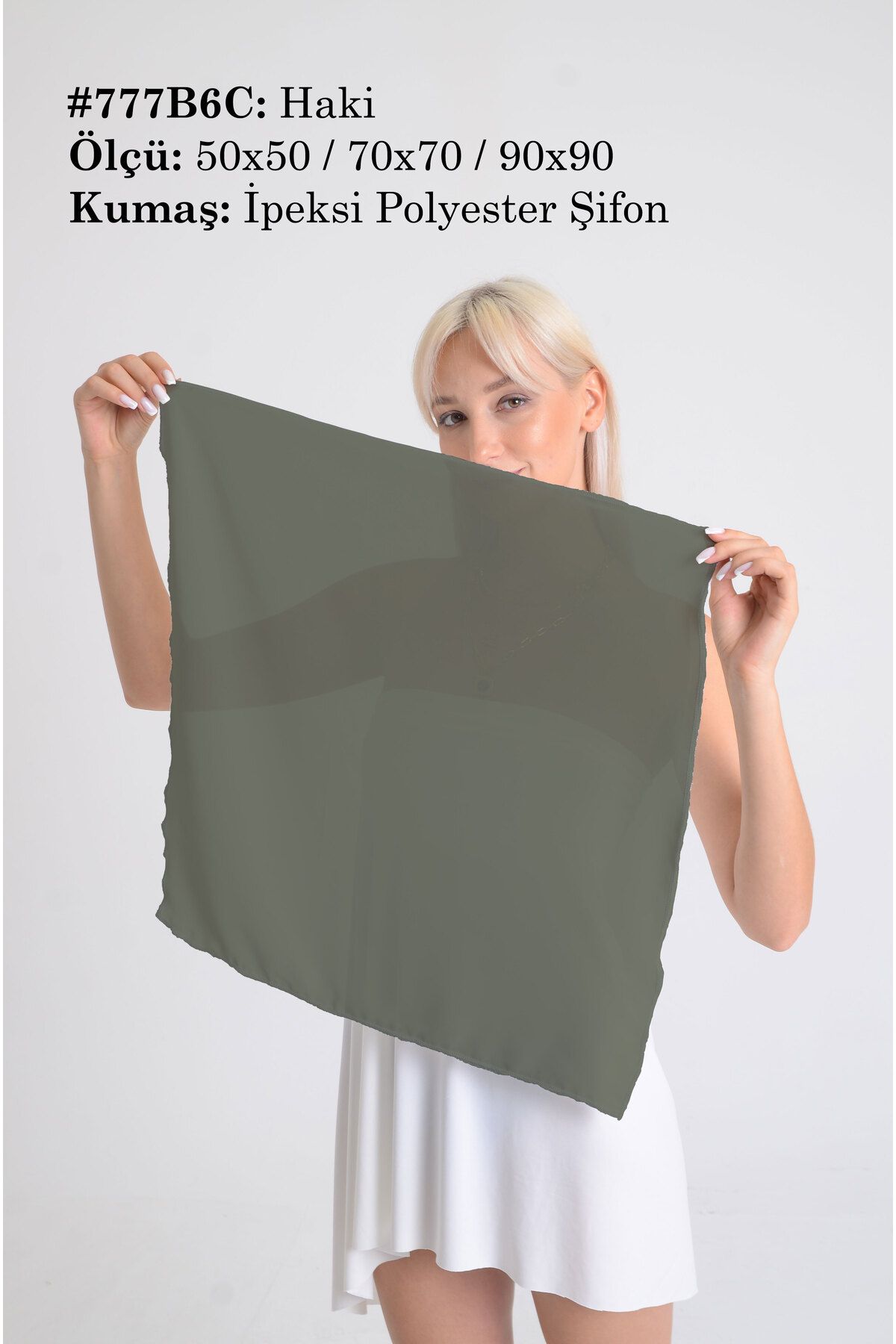 DESENİX Haki Renk İpeksi Şifon Fular - Şal, Eşarp, Boyunluk - 50x50, 70x70, 90x90 cm