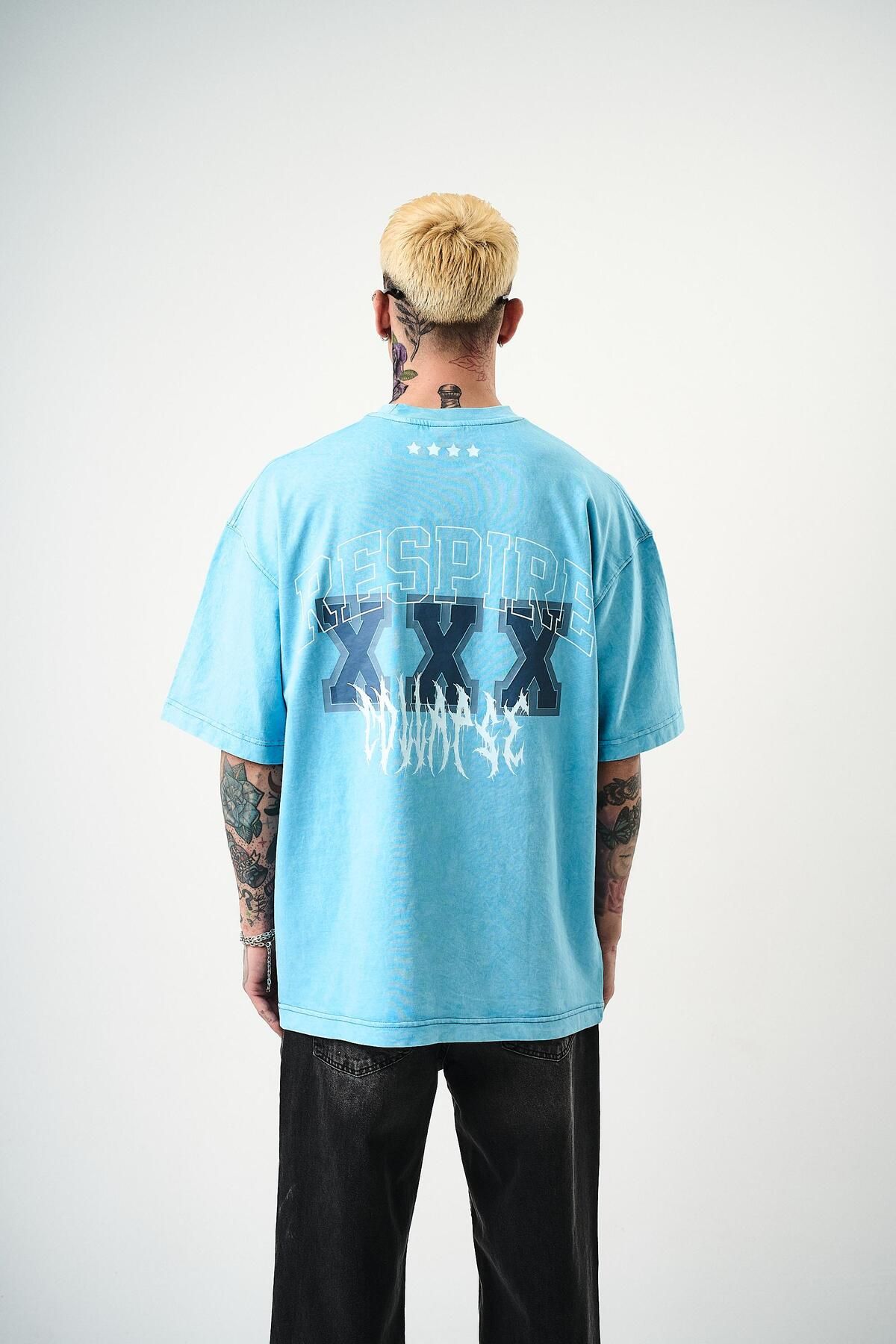 Respire Erkek Respire Baskılı Yıkamalı Oversize T-Shirt Mavi