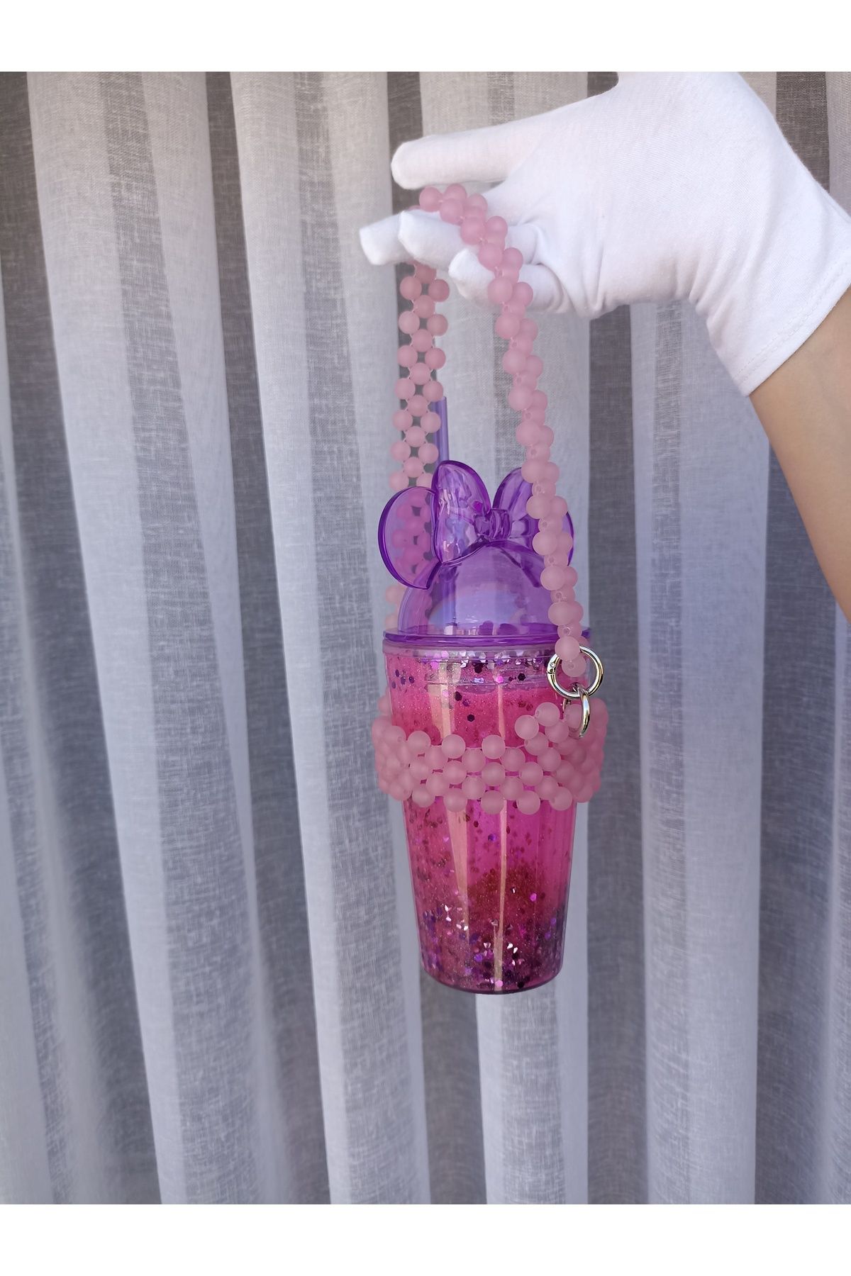 ida design store mor içi simli su dolgulu çift katmanlı soğuk içecek bardağı ve el yapımı cup holder