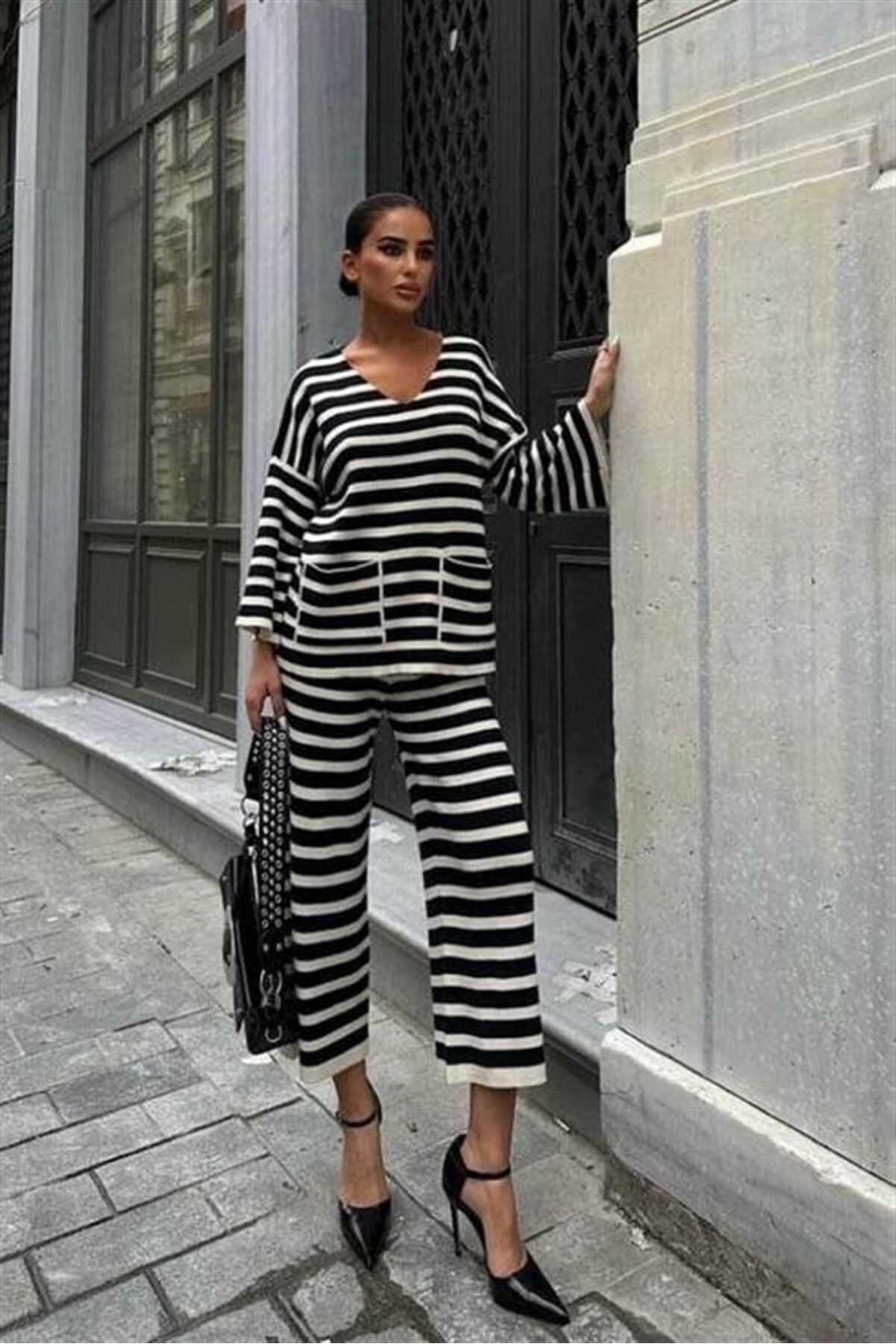 TheShine Candy Çizgili Straight Fit Pantolon Takım