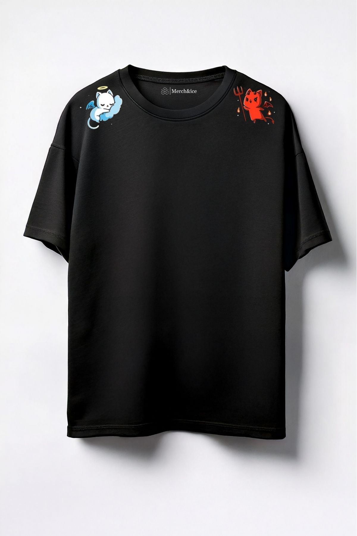 Merch&ice Melek Şeytan Omuzda Baskılı Unisex Oversize T-Shirt