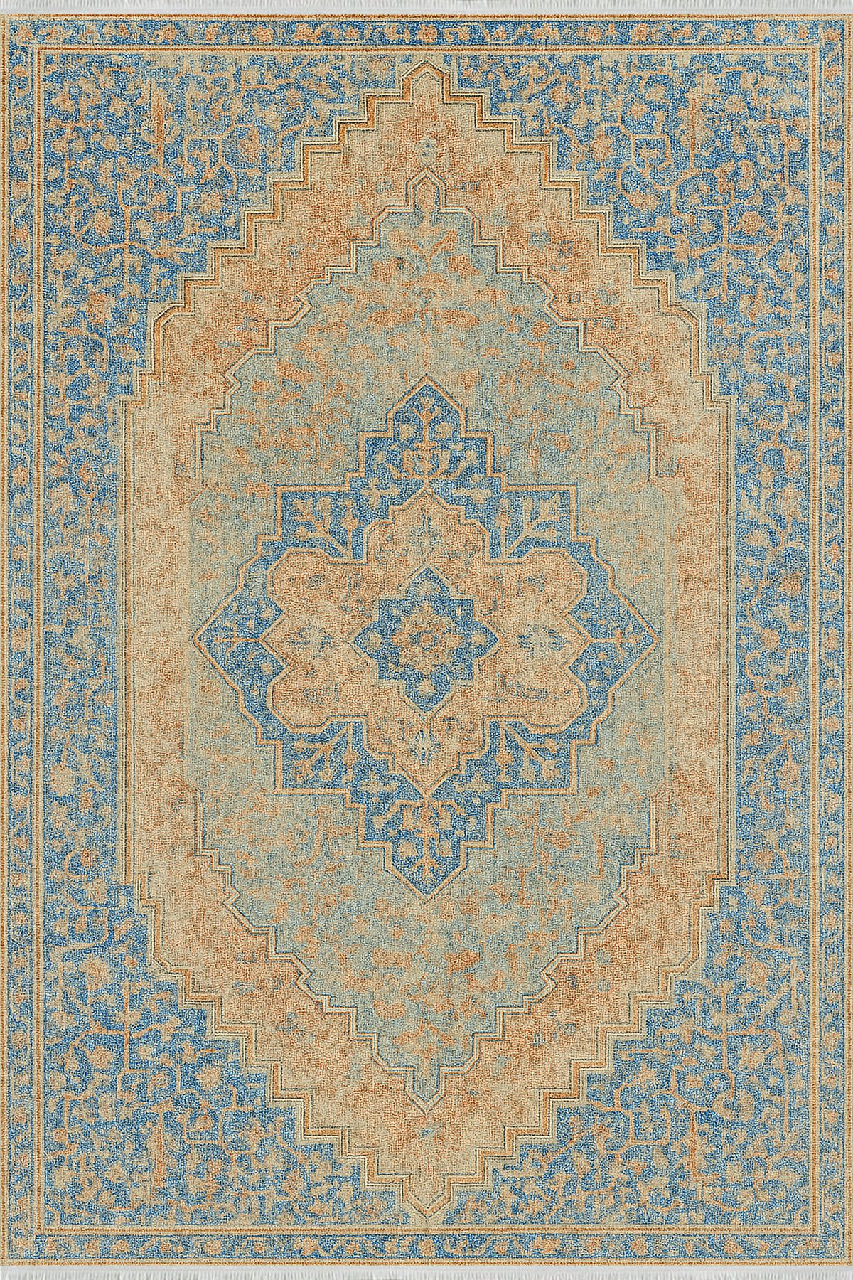 TNYLOF Mavi Bej Klasik Halı – Soft Renkli Vintage Tasarım | Kaymaz, Yıkanabilir, Evcil ve Bebek Dostu