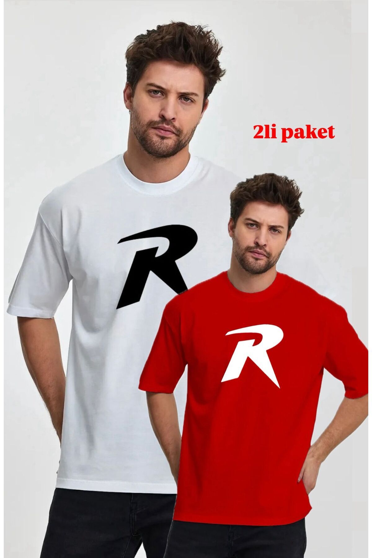 woonkey UNISEX OVERSİZE R BASKILI BİSİKLET YAKA RAHAT KALIP 2 ADET T-SHIRT AVANTAJLI PAKET