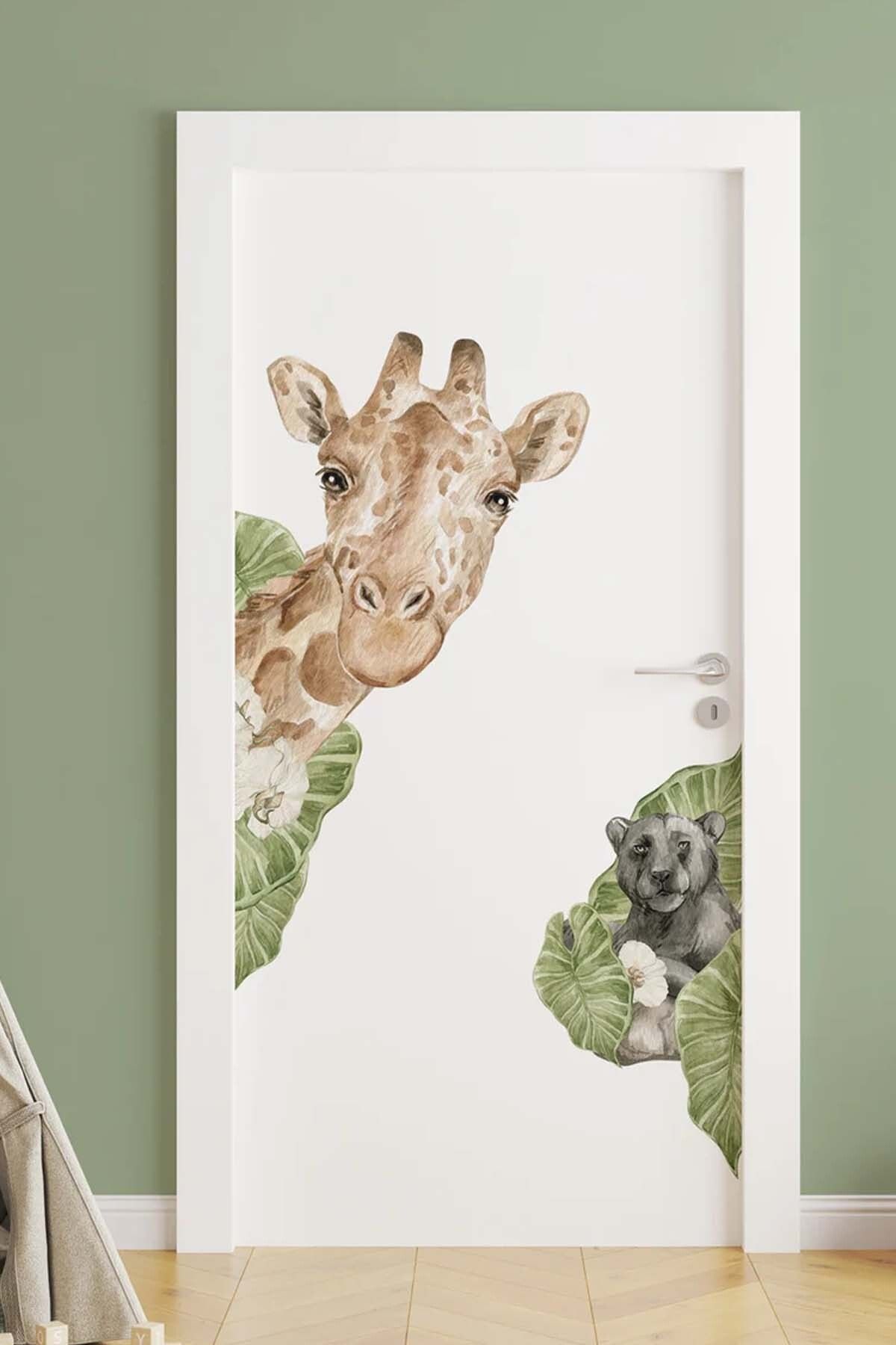 KT Decor Safari Dünyası Zürafa ve Jaguar Kapı Kenarı Duvar Sticker