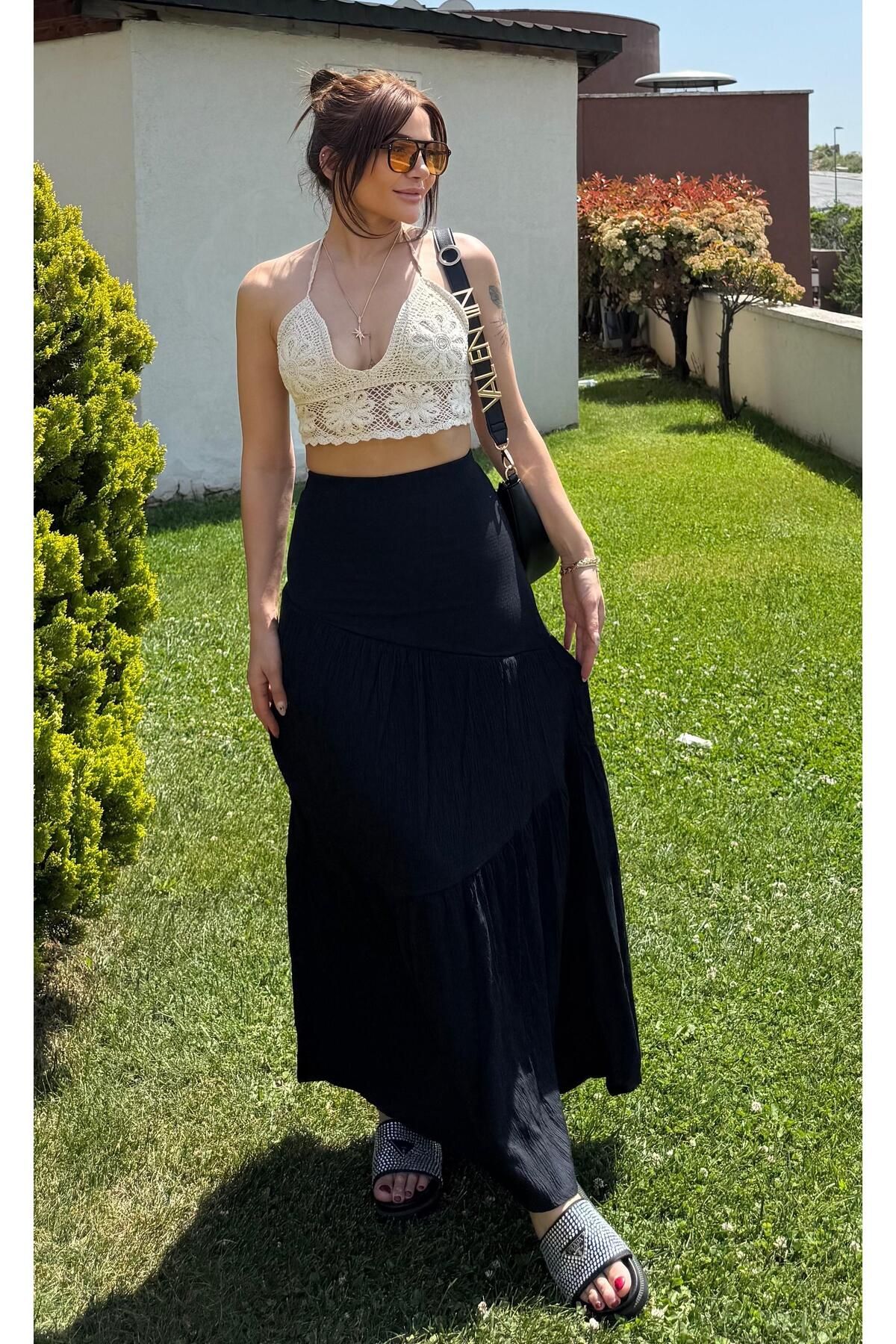 Daves Katlı Uzun Beli Lastikli- Etek-siyah