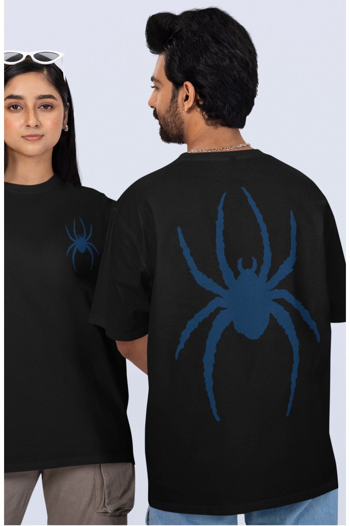 Fuddy Moda Unisex Mavi Örümcek Sırt Baskılı Tişört, Oversize Super Hero Spider Temalı T-Shirt