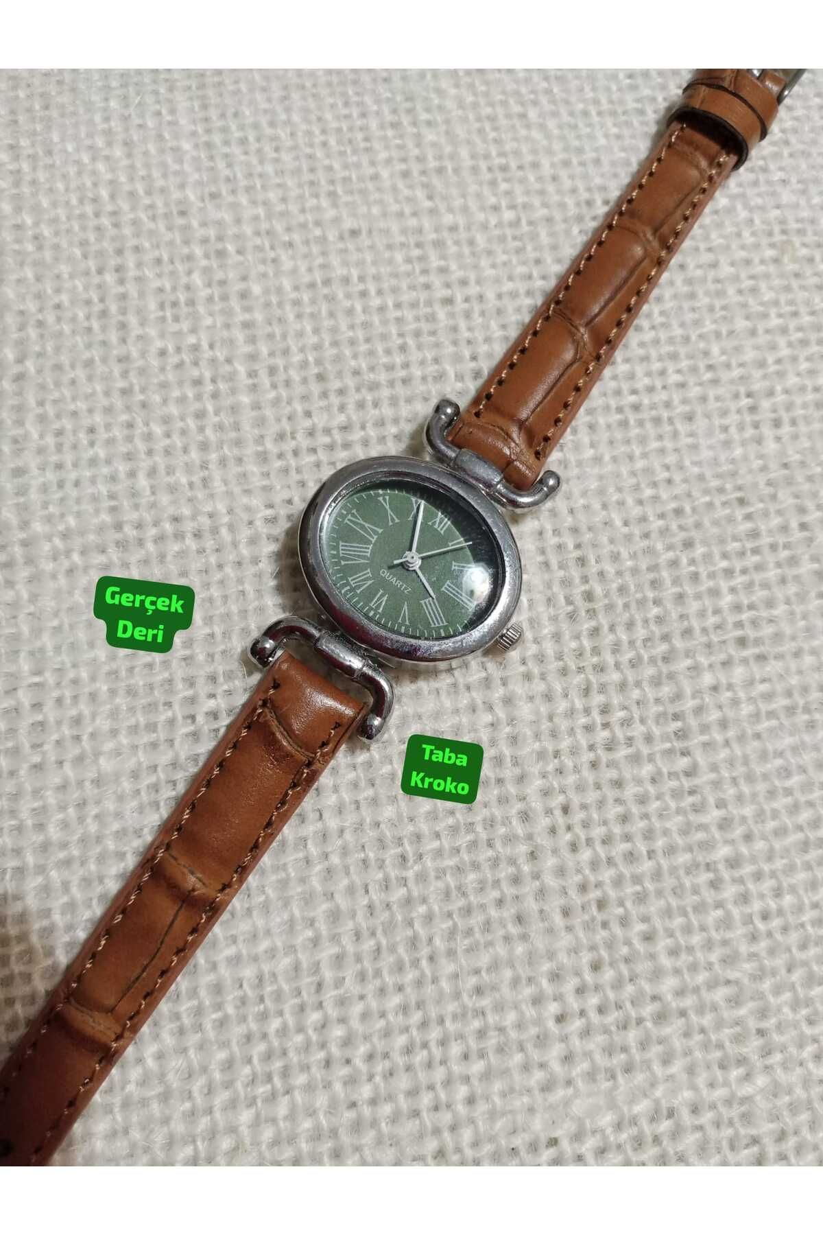 Brality GERÇEK DERİ KORDON.. Kadın Oval Kol Saati Taba Renk Vintage Yeni Sezon GÜMÜŞ Kasa YEŞİL KADRAN 0057