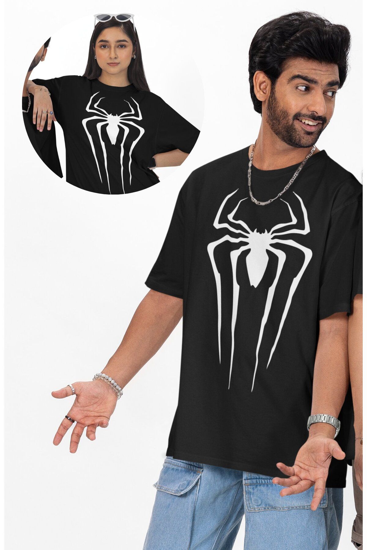 Fuddy Moda Unisex Vectörel Örümcek Baskılı Tişört, Oversize Süper Hero Spider Temalı T-Shirt