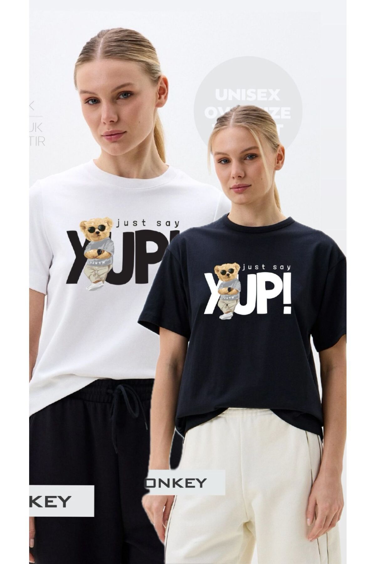 woonkey KADIN OVERSİZE YUP BASKILI BİSİKLET YAKA RAHAT KALIP 2 ADET T-SHIRT AVANTAJLI PAKET