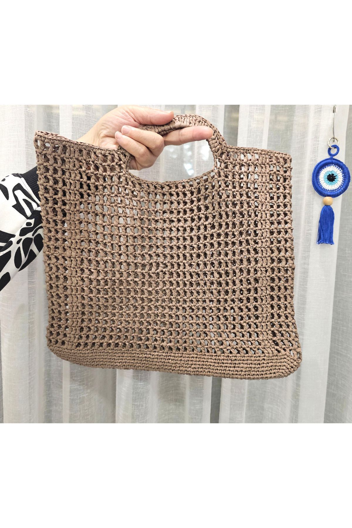 Kotans Hasır Çanta Kahverengi Kağıt İp El Örgüsü Plaj Çantası Yazlık El Yapımı Çanta 35 cm x 32 cm