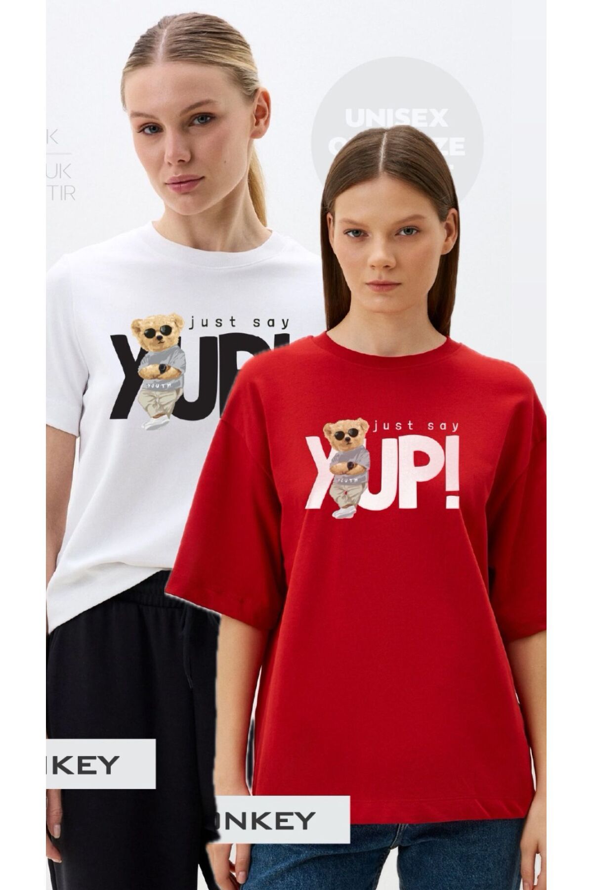 woonkey KADIN OVERSİZE YUP BASKILI BİSİKLET YAKA RAHAT KALIP 2 ADET T-SHIRT AVANTAJLI PAKET