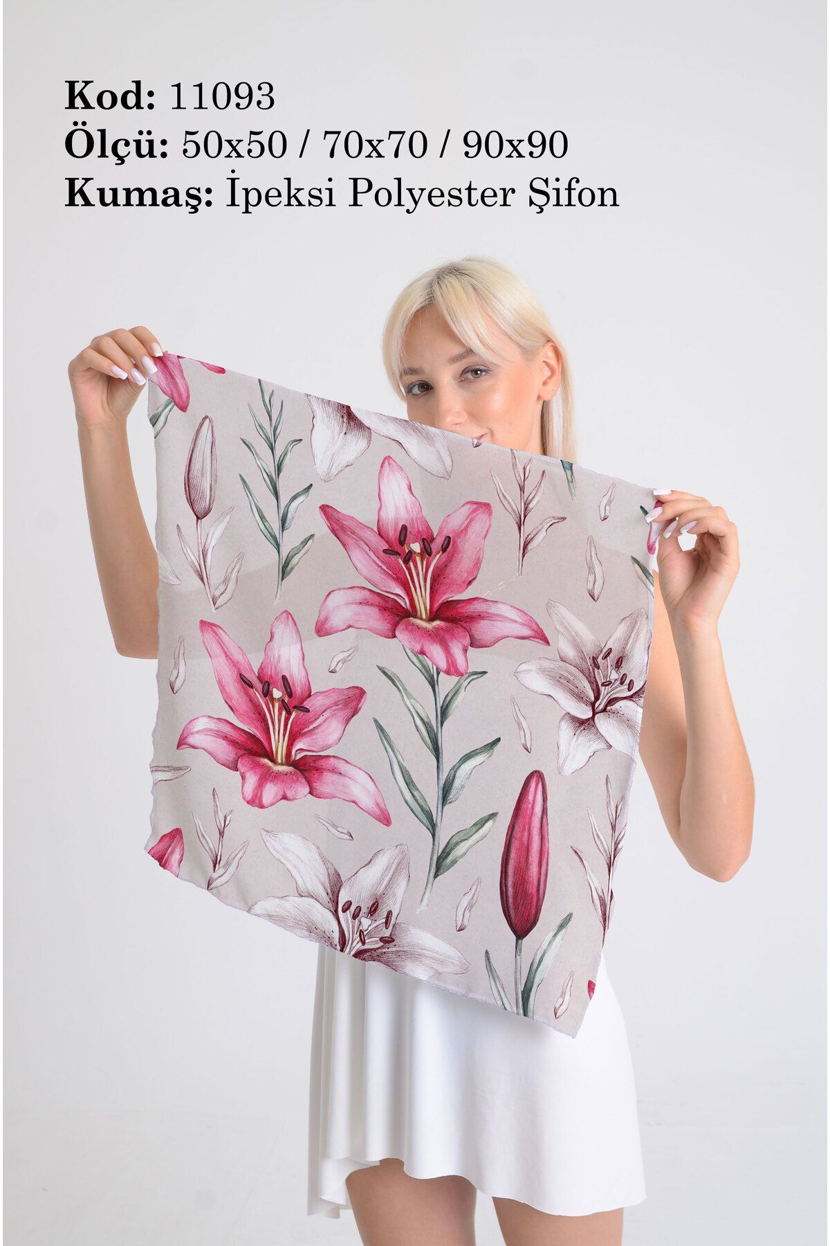 DESENİX Zarif Lily Çiçekleri Desenli İpeksi Şifon Fular - Şal, Eşarp, Boyunluk - 50x50, 70x70, 90x90 cm