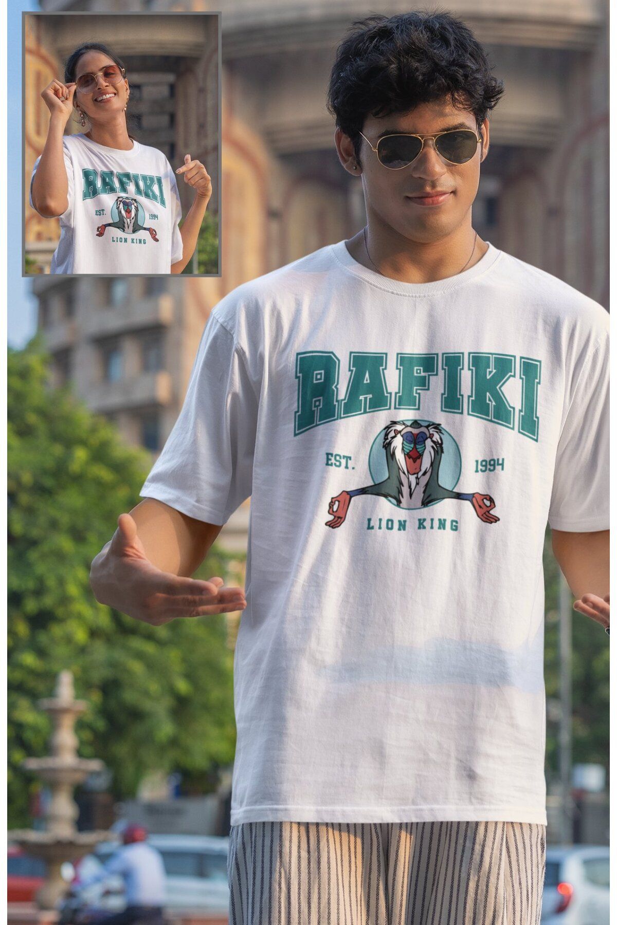 Fuddy Moda Unisex Lion King Rafiki Baskılı Tişört, Oversize Çizgi Film Aslan Kral Temalı T-Shirt