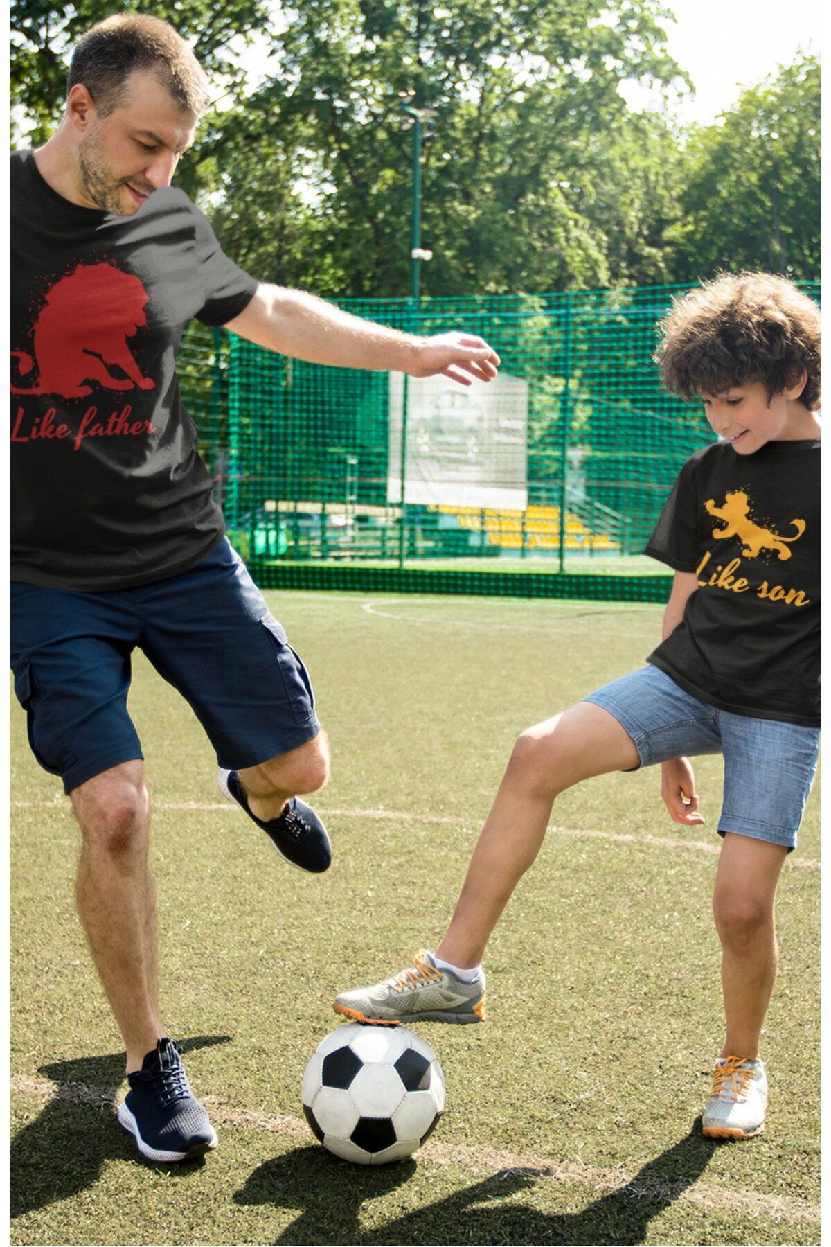Fuddy Moda Unisex Like Father Like Son Baskılı T-shirt, Oversize Sarı Kırmızı Aslan Temalı Tişört