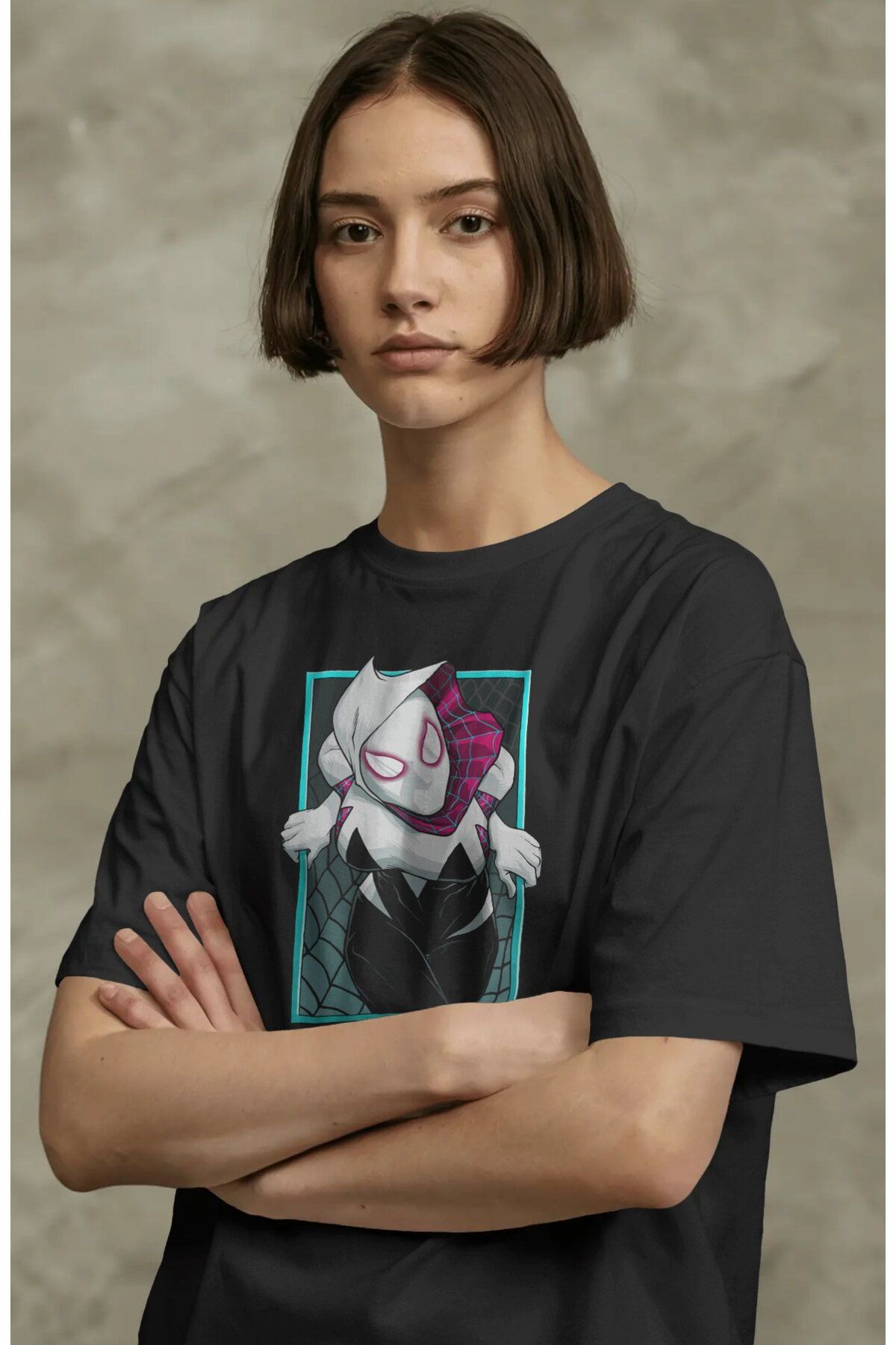 Fuddy Moda Spider Gwen Baskılı Tişört, Oversize Örümcek Evreni Temalı T-Shirt