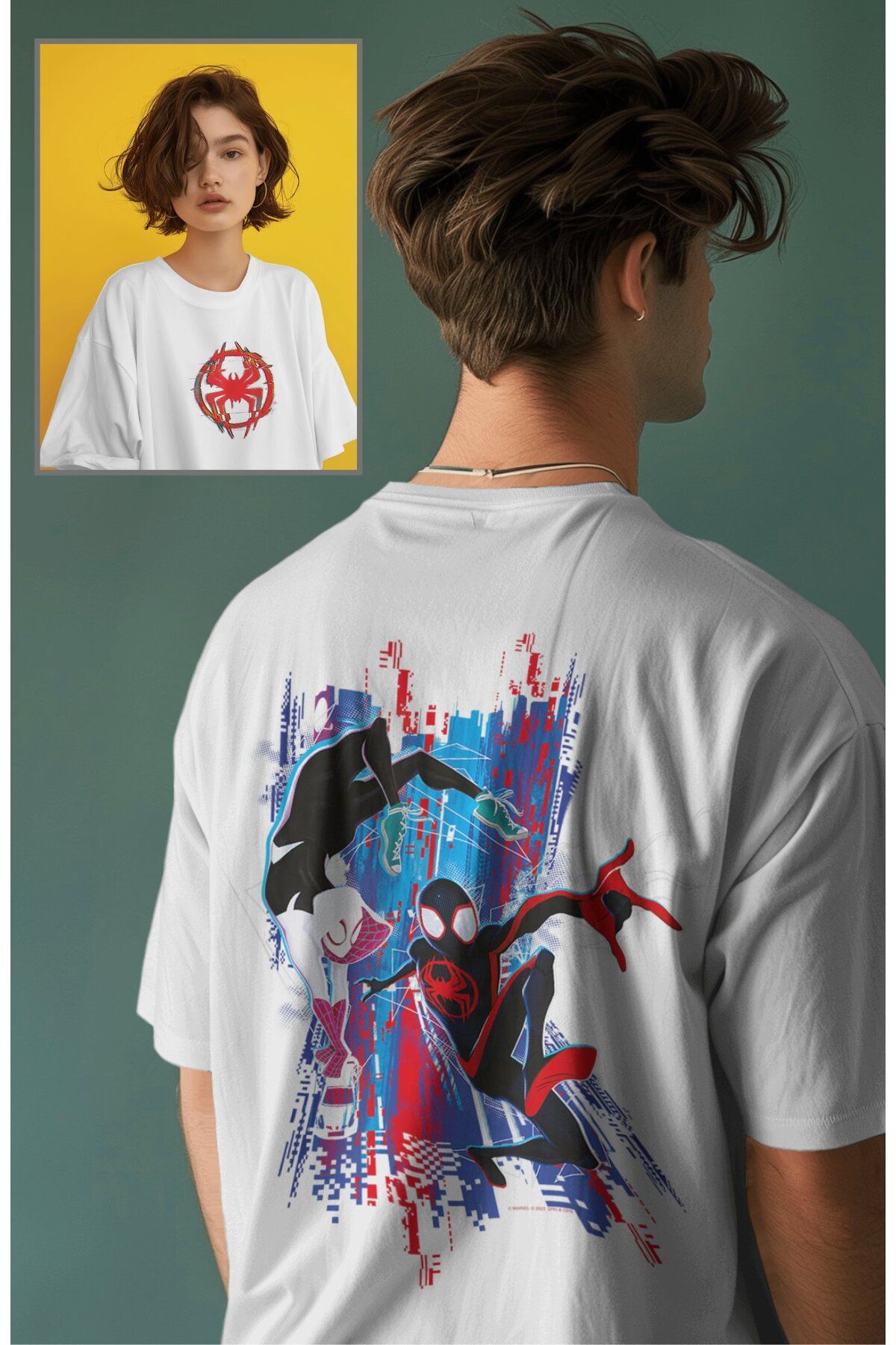 Fuddy Moda Unisex Super Hero Spider Sırt Baskılı Tişört, Oversize Örümcek Evreni Temalı T-Shirt