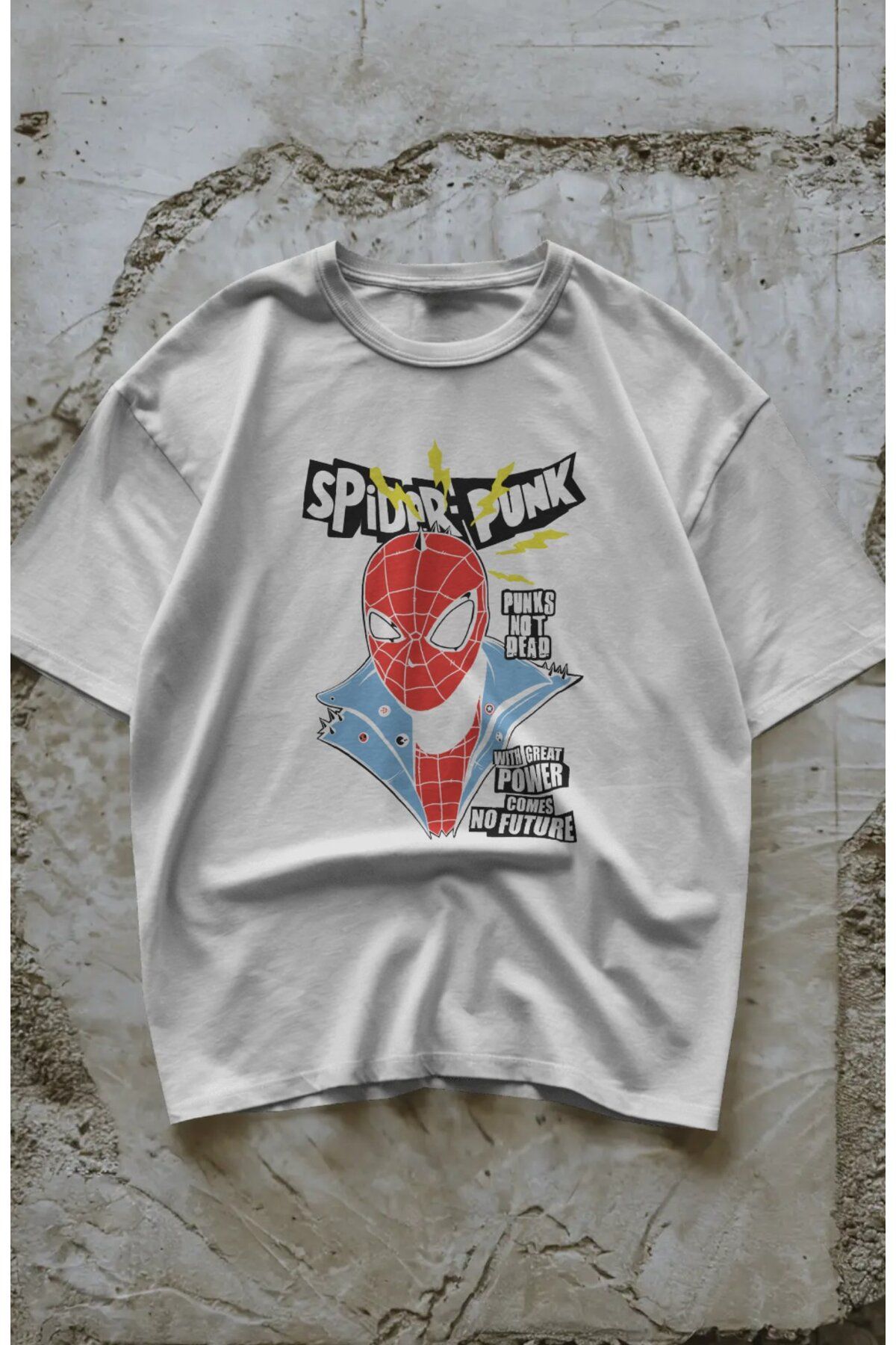 Fuddy Moda Unisex Punks Not Dead Yazılı Tişört, Oversize Spider Punk Baskılı T-Shirt