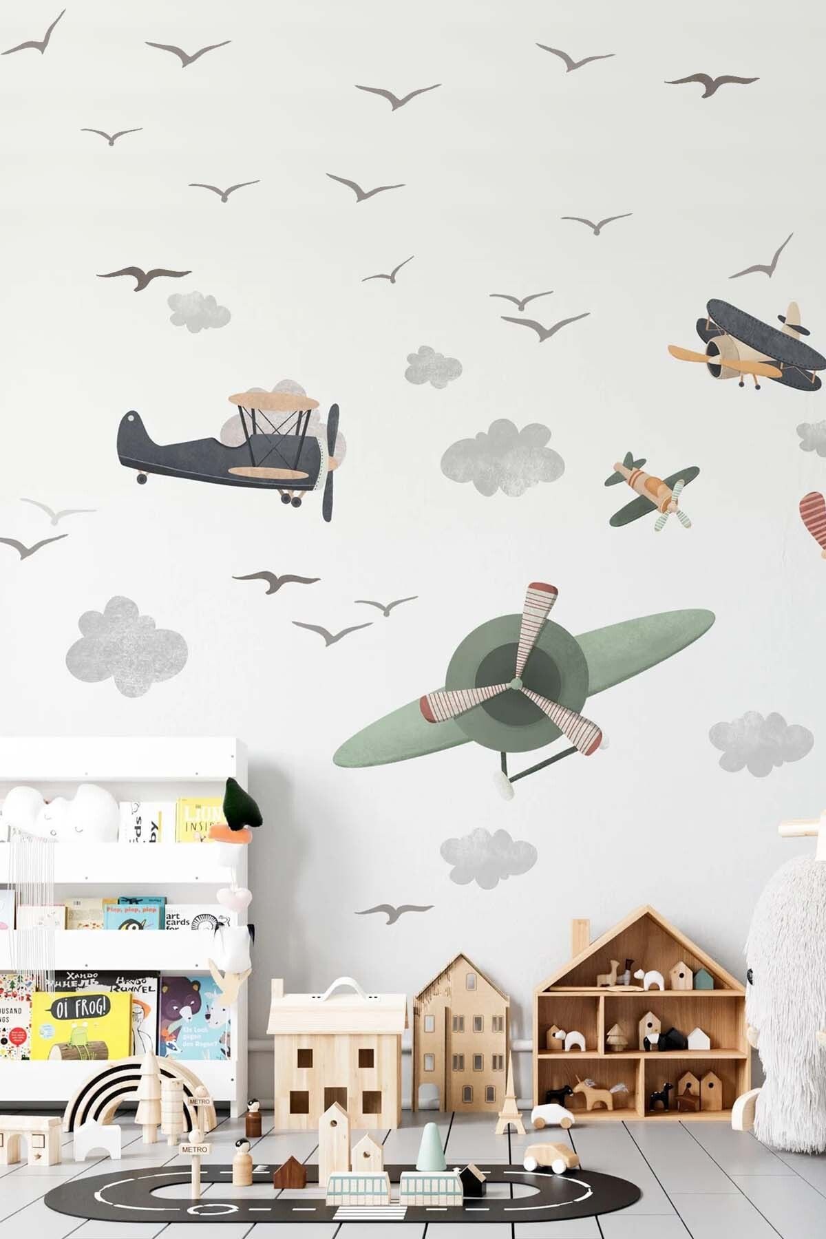 KT Decor Gökyüzü Rüyası Retro Uçak Diyarı Çocuk Odası Duvar Sticker Seti