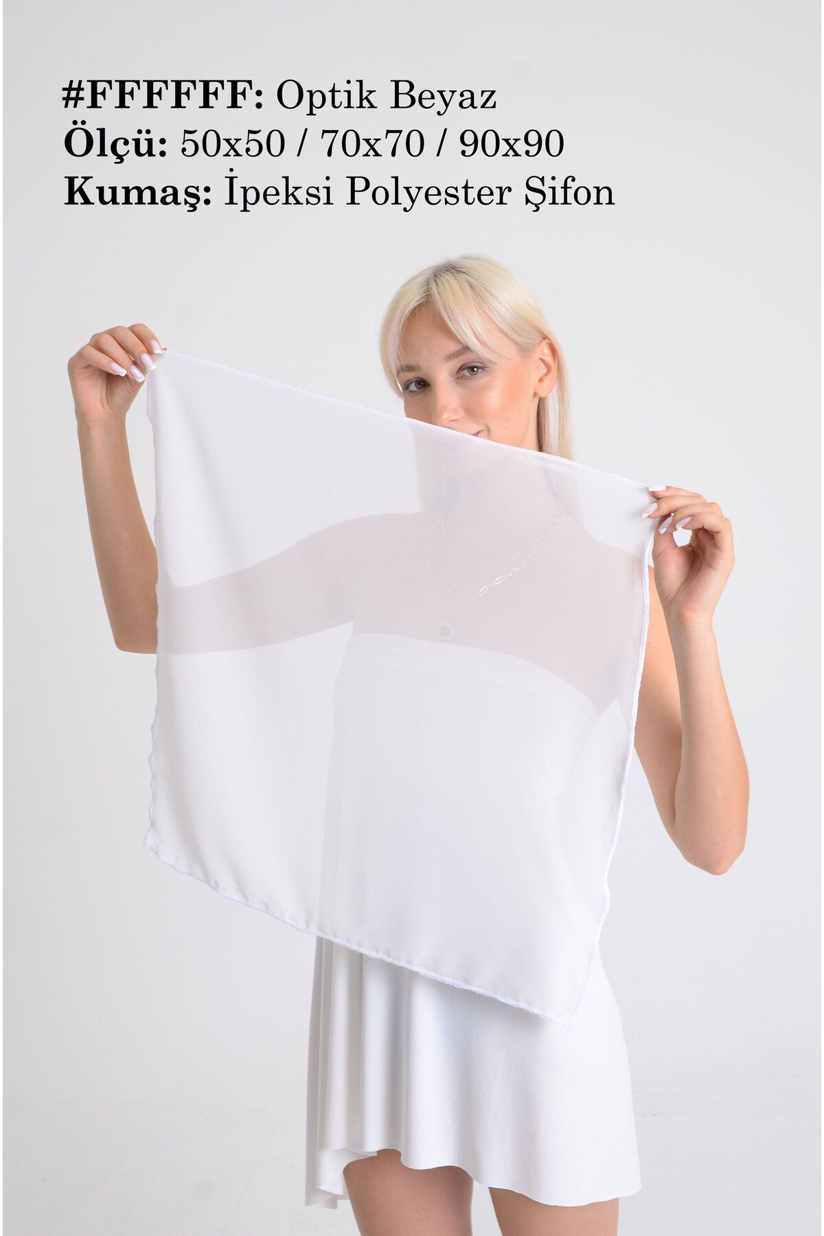 DESENİX Optik Beyaz Renk İpeksi Şifon Fular - Şal, Eşarp, Boyunluk - 50x50, 70x70, 90x90 cm