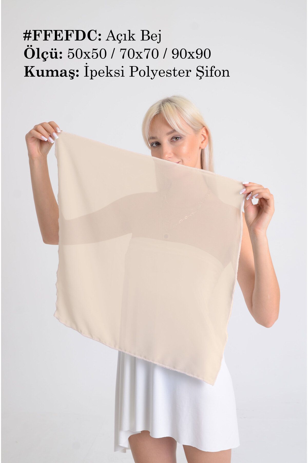 DESENİX Açık Bej Renk İpeksi Şifon Fular - Şal, Eşarp, Boyunluk - 50x50, 70x70, 90x90 cm